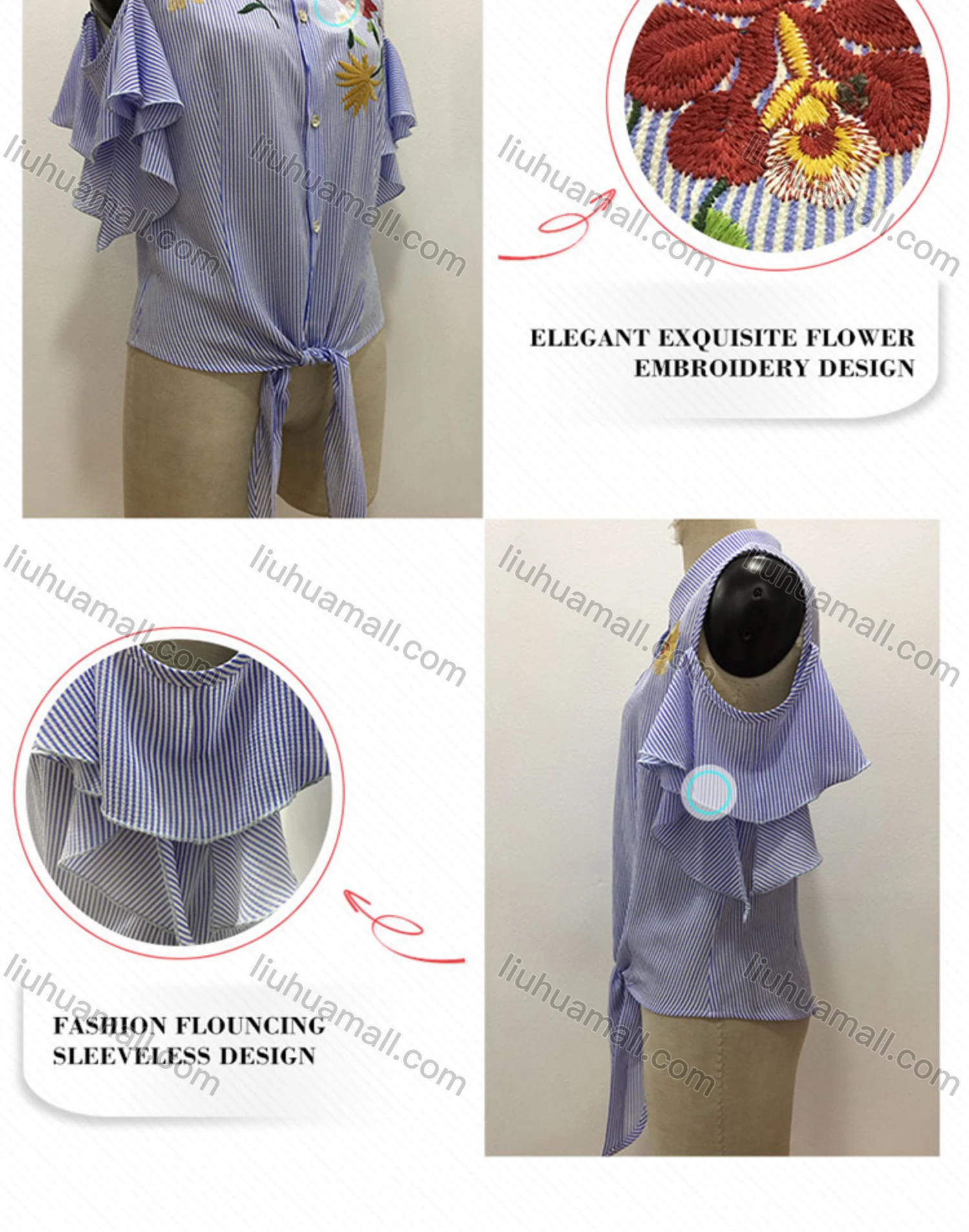 Wholesale Women's Casual Striped Floral Embroidery Ruffle Sleeve Button Down Lace Up Blouse - Liuhuamall
