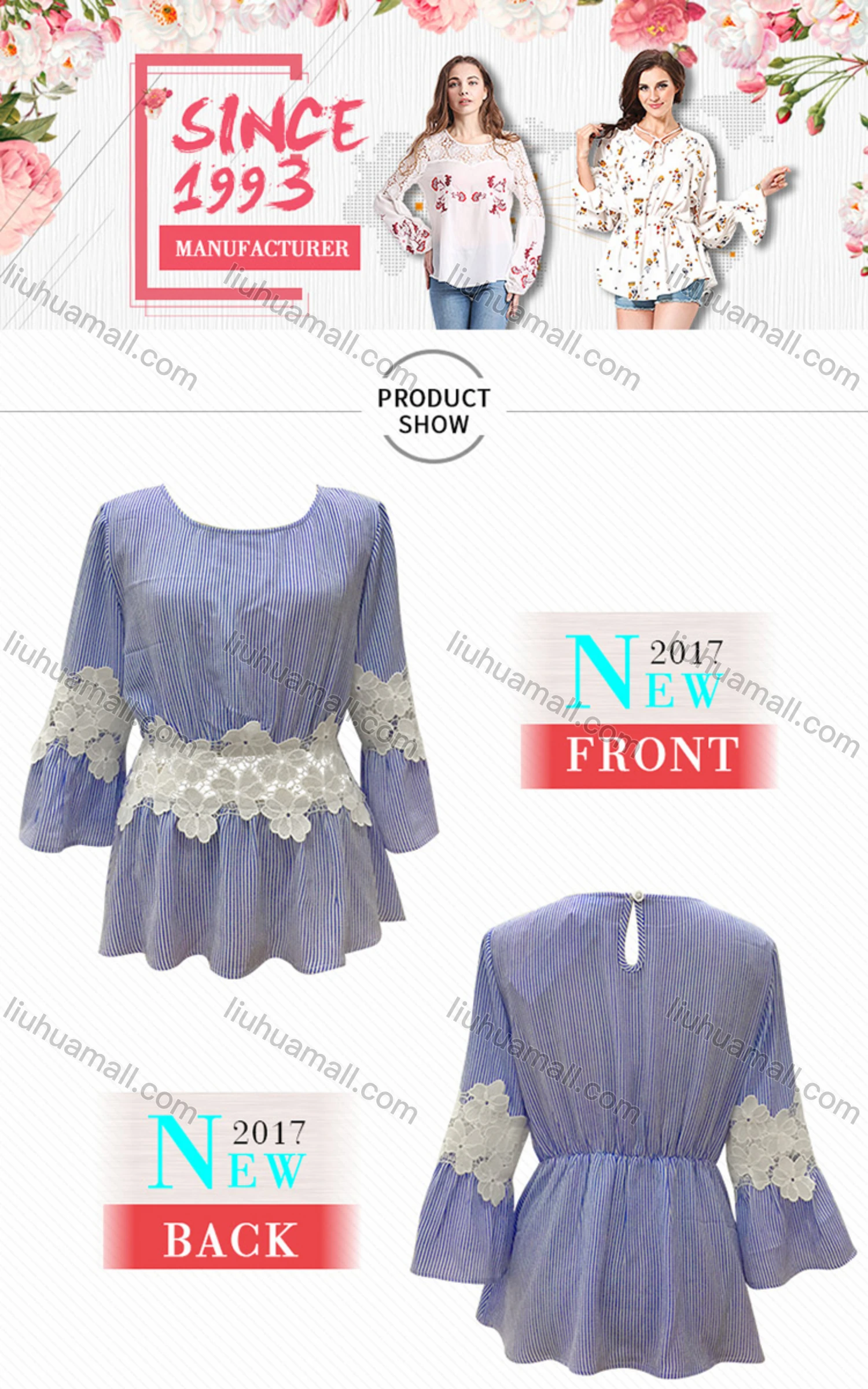 Wholesale Women's Casual Striped Lace Applique Round Neck Ruffle Hem Long Sleeve Blouse - Liuhuamall