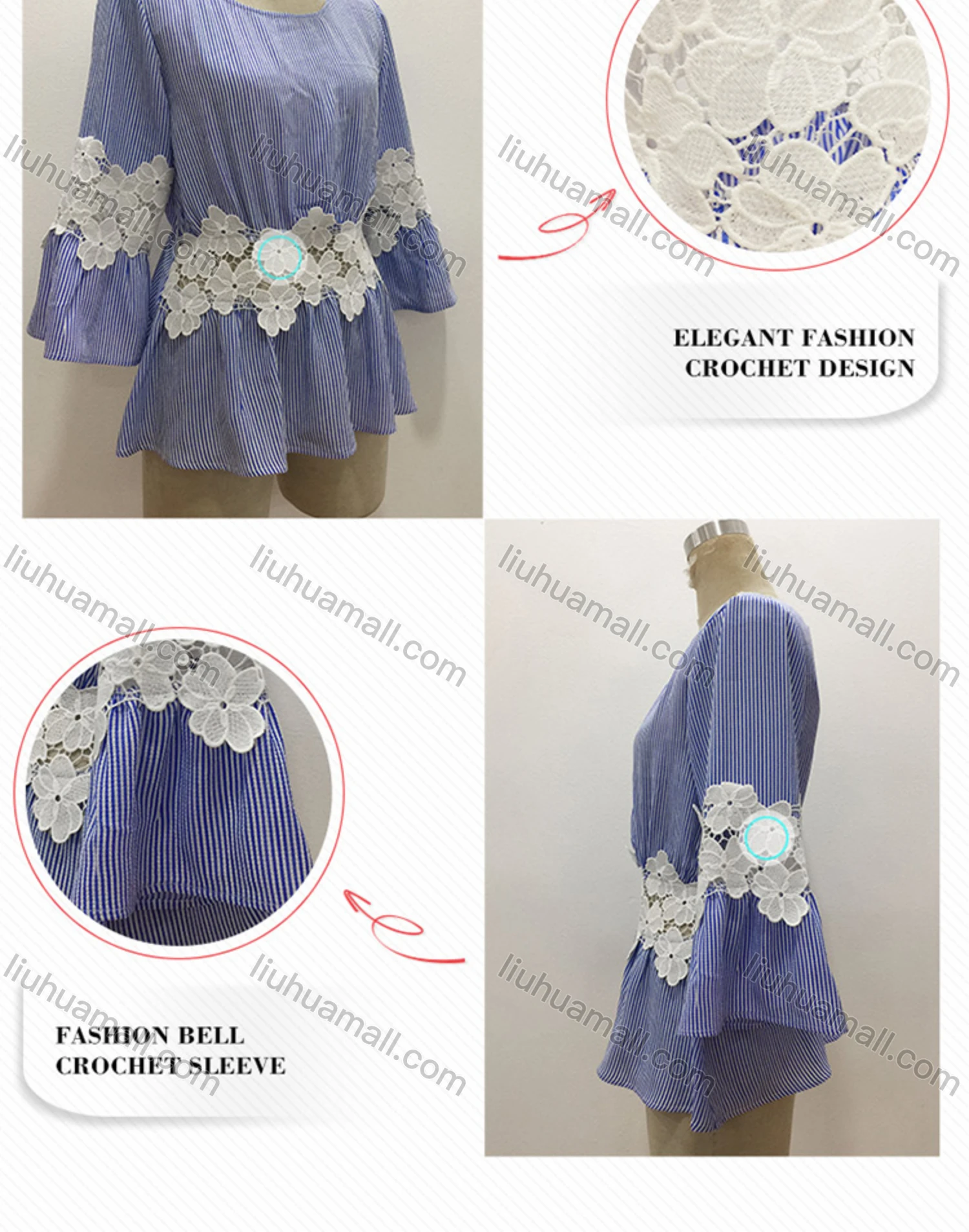 Wholesale Women's Casual Striped Lace Applique Round Neck Ruffle Hem Long Sleeve Blouse - Liuhuamall