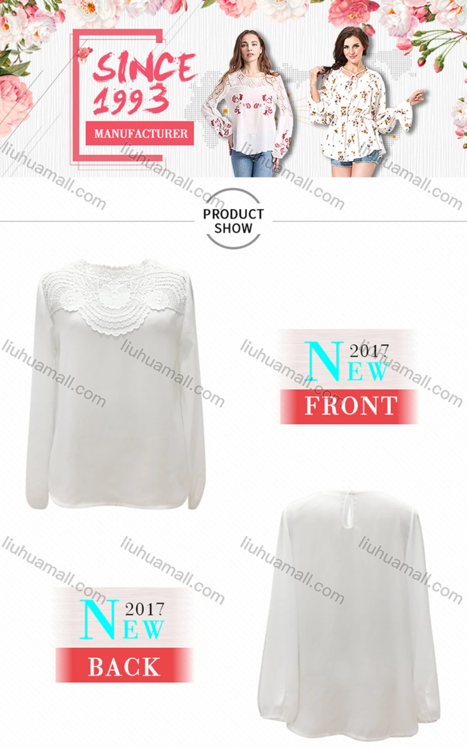 Wholesale Women's Casual Plain Guipure Lace Long Sleeve Blouse - Liuhuamall