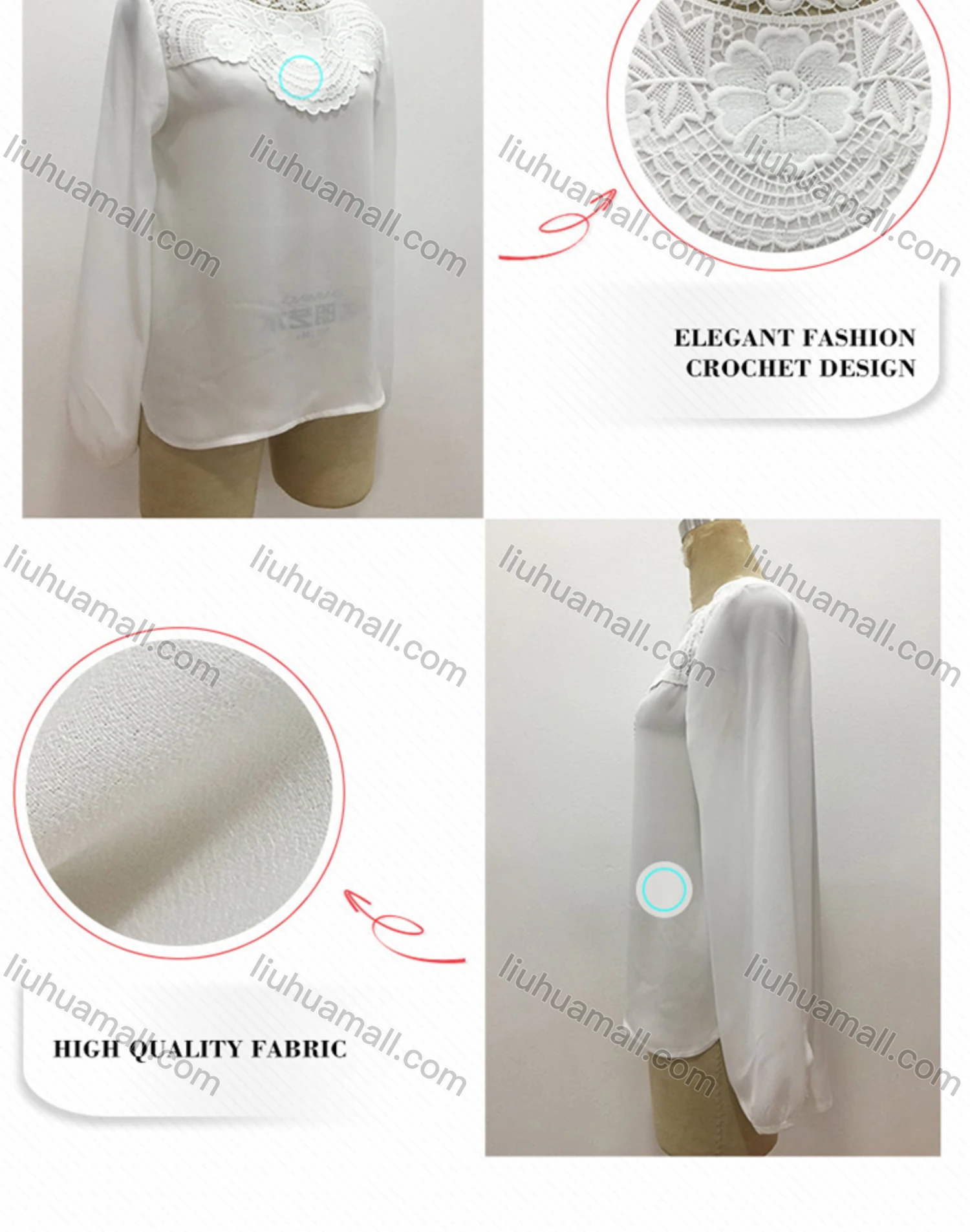 Wholesale Women's Casual Plain Guipure Lace Long Sleeve Blouse - Liuhuamall