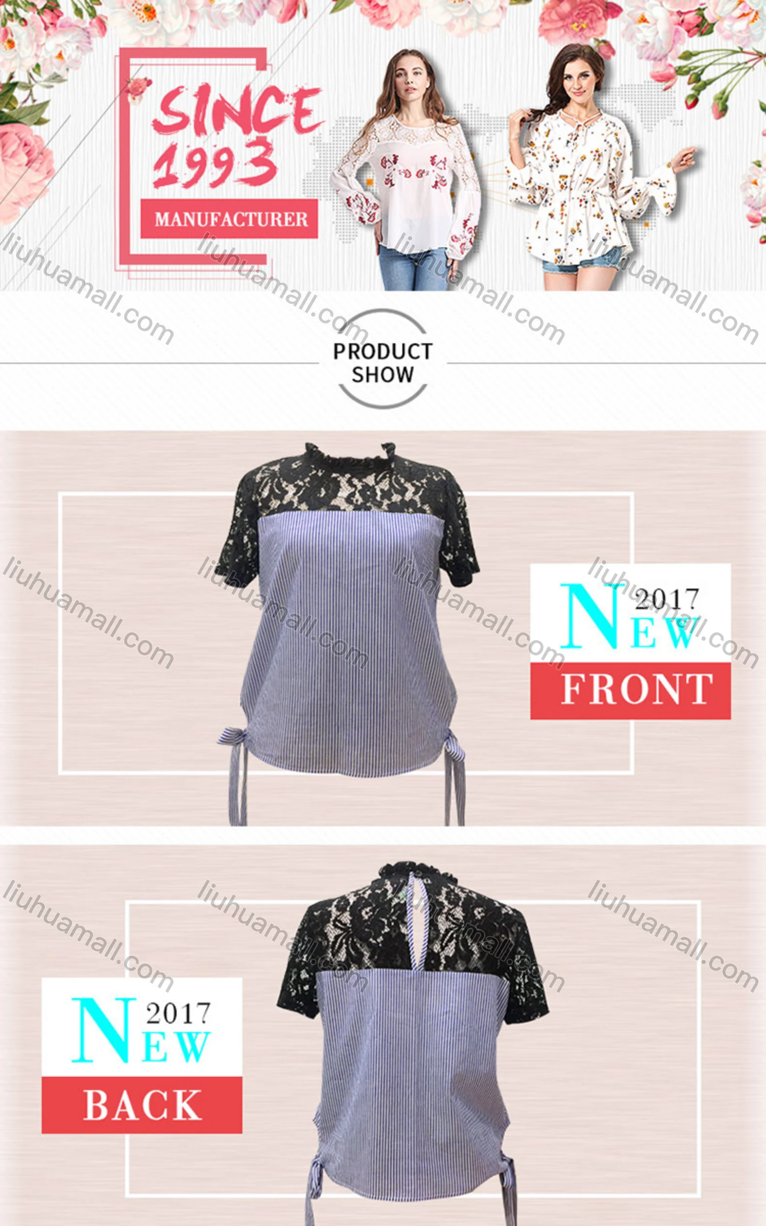 Wholesale Women's Casual Striped Guipure Lace Ruffle Neck Short Sleeve Lace Up Blouse - Liuhuamall