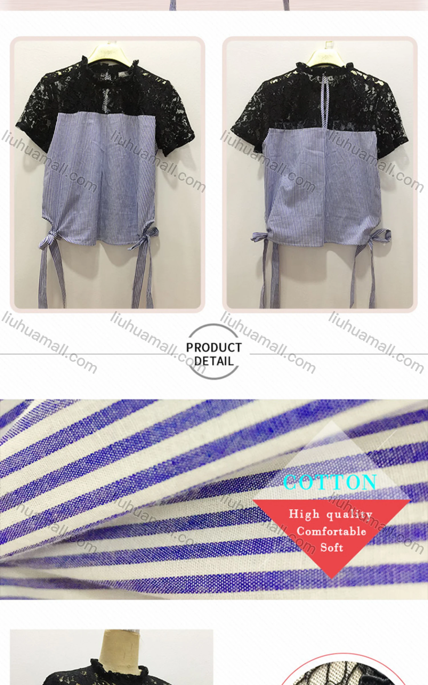 Wholesale Women's Casual Striped Guipure Lace Ruffle Neck Short Sleeve Lace Up Blouse - Liuhuamall