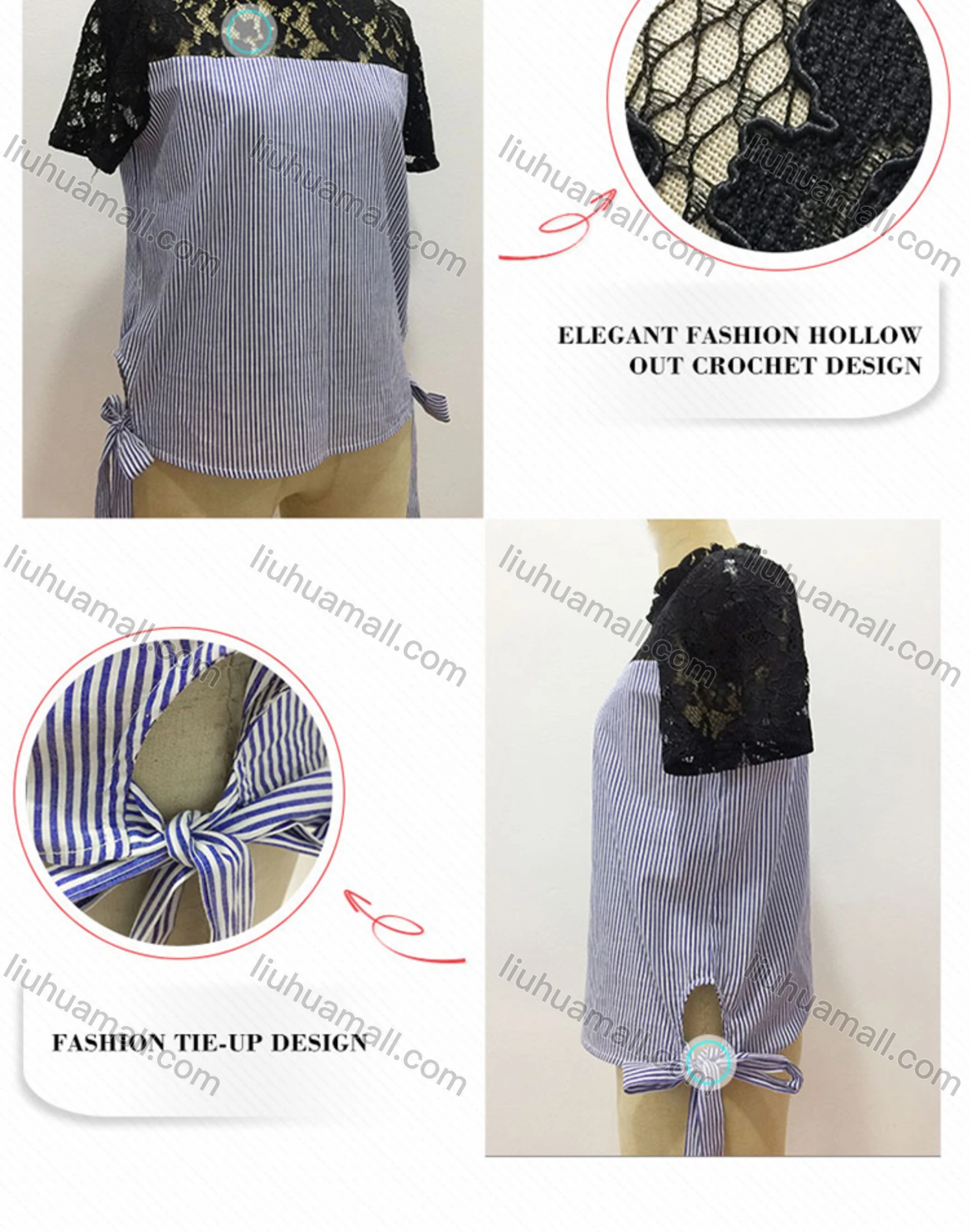 Wholesale Women's Casual Striped Guipure Lace Ruffle Neck Short Sleeve Lace Up Blouse - Liuhuamall