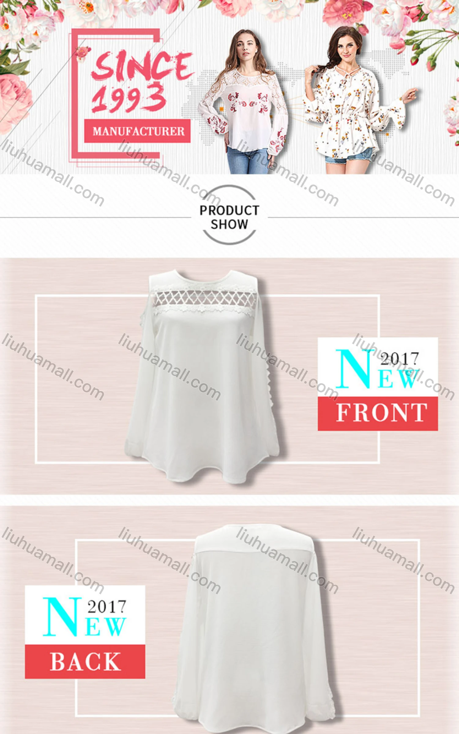 Wholesale Women's Casual Plain Guipure Lace Round Neck Cold Shoulder Blouse - Liuhuamall