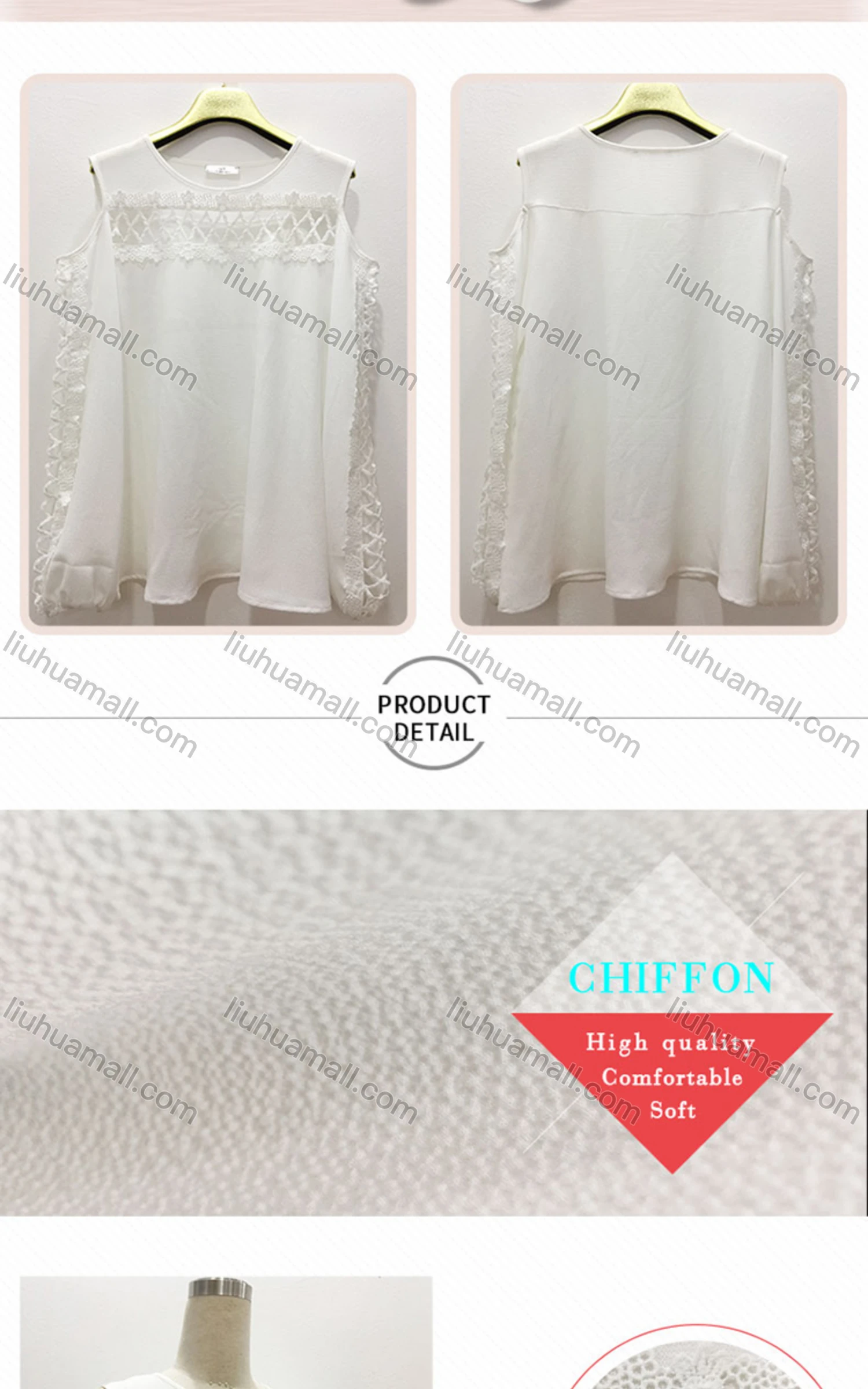 Wholesale Women's Casual Plain Guipure Lace Round Neck Cold Shoulder Blouse - Liuhuamall
