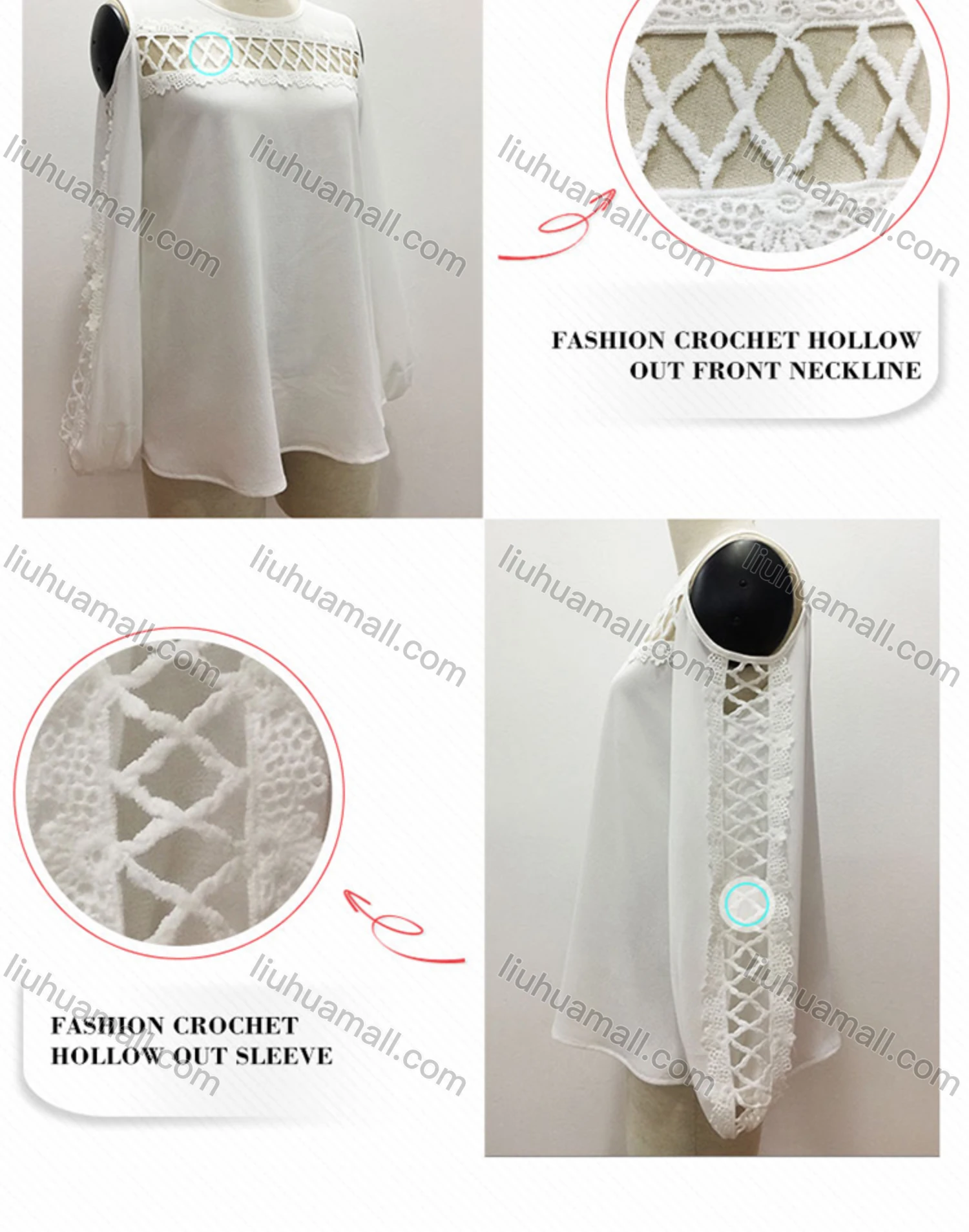 Wholesale Women's Casual Plain Guipure Lace Round Neck Cold Shoulder Blouse - Liuhuamall