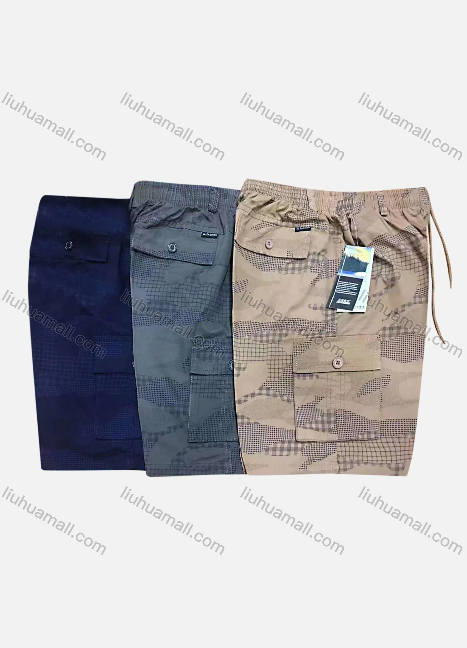 Wholesale Men's Casual 100%Cotton Camouflage Elastic Waist Drawstring Cargo Shorts - Liuhuamall