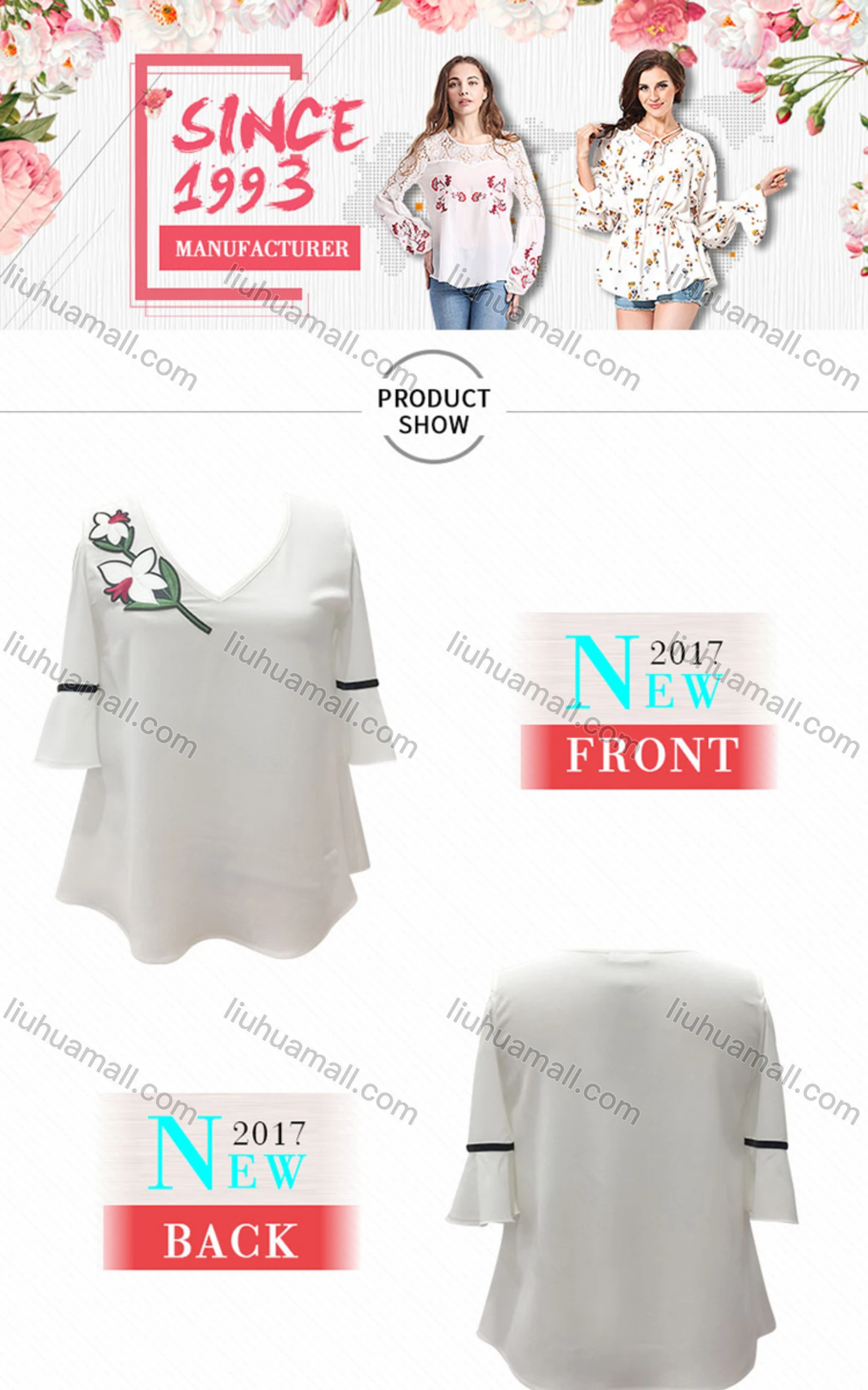 Wholesale Women's Casual Floral Embroidery V Neck Cold Shoulder Blouse - Liuhuamall