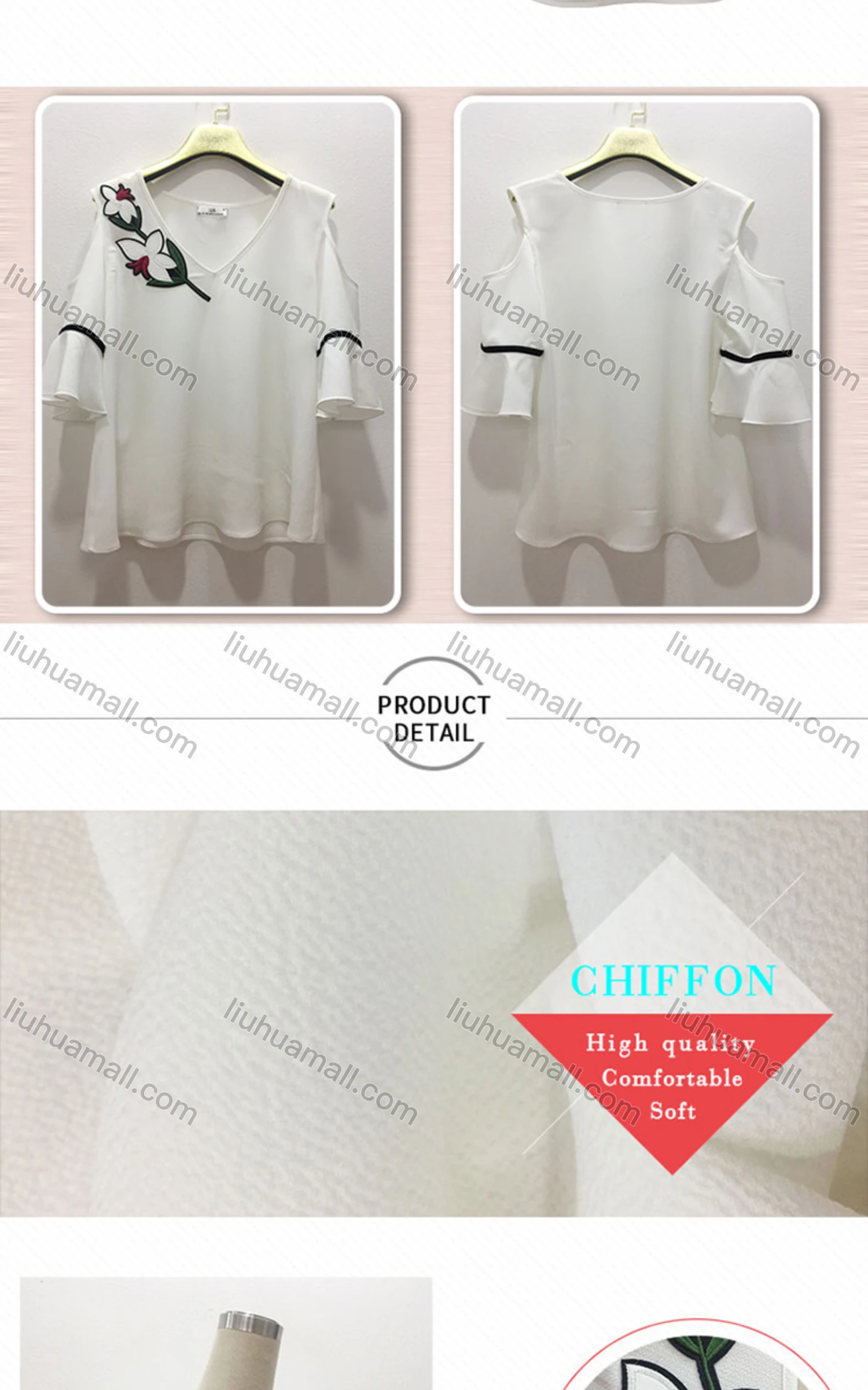Wholesale Women's Casual Floral Embroidery V Neck Cold Shoulder Blouse - Liuhuamall