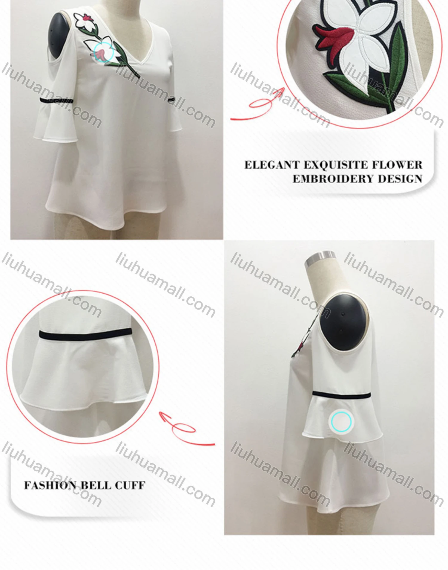 Wholesale Women's Casual Floral Embroidery V Neck Cold Shoulder Blouse - Liuhuamall
