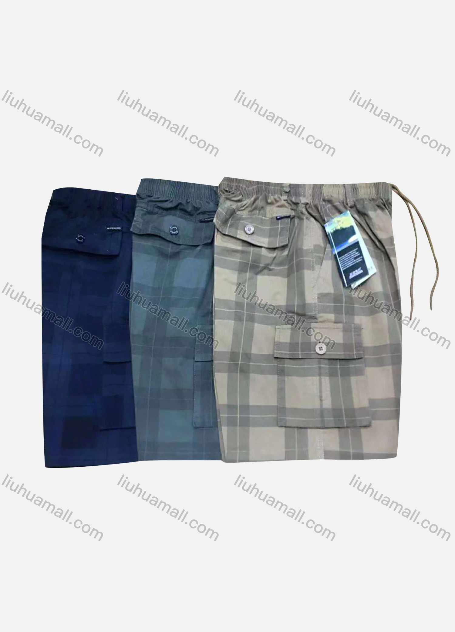Wholesale Men's Casual 100%Cotton Plaid Print Drawstring Cargo Shorts - Liuhuamall