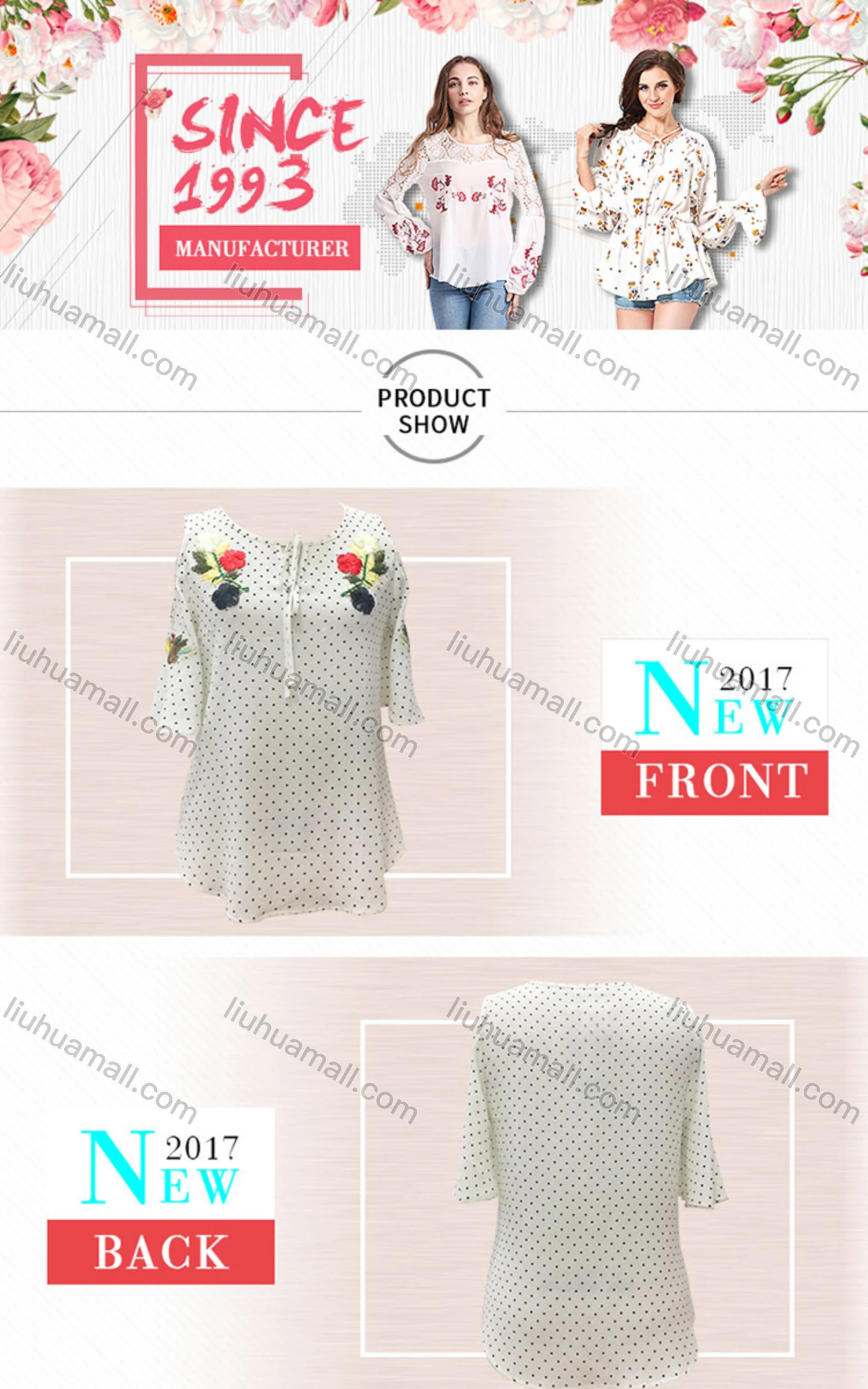 Wholesale Women's Casual Pin Dot Floral Embroidery Tie Neck Cold Shoulder Blouse - Liuhuamall