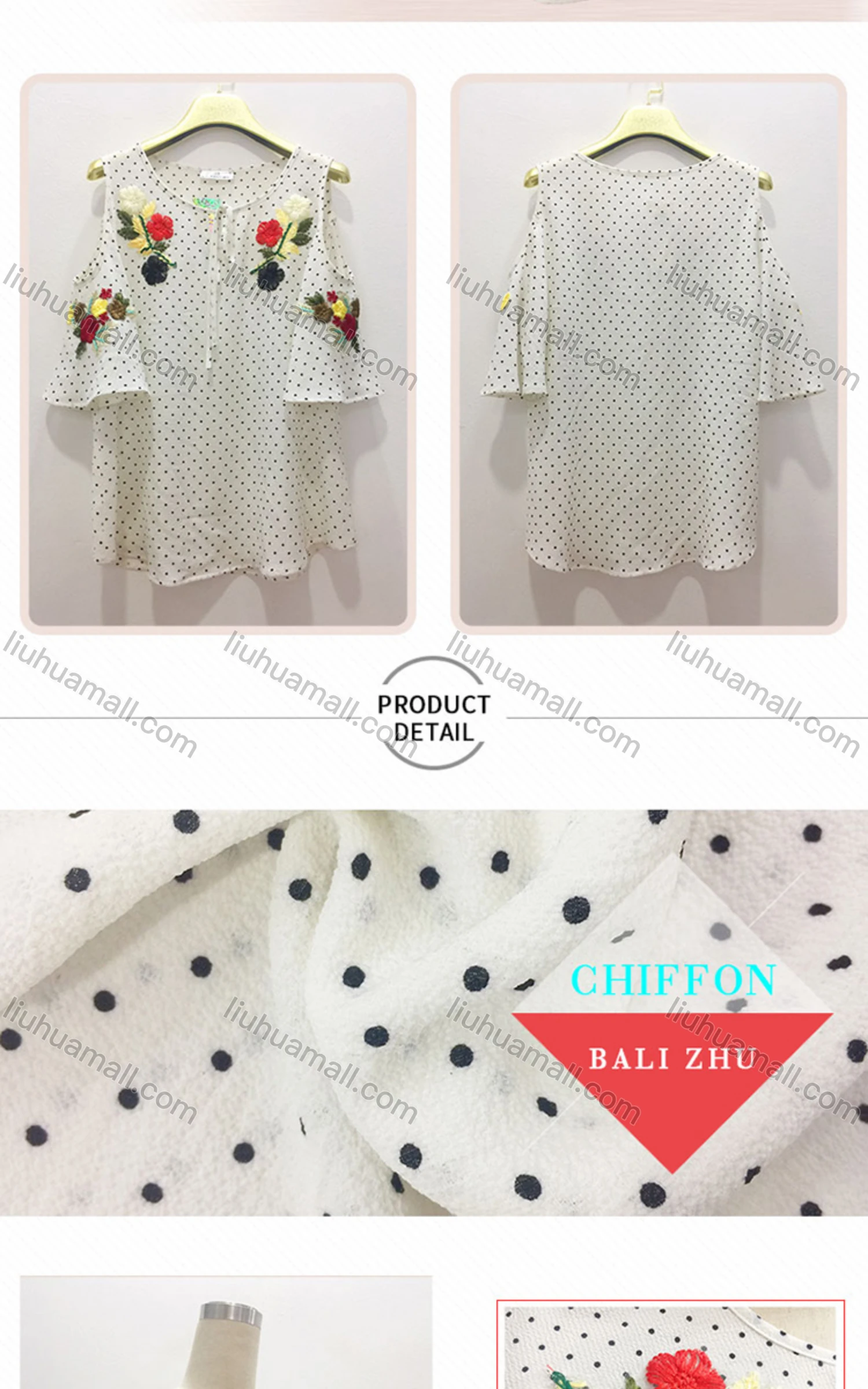 Wholesale Women's Casual Pin Dot Floral Embroidery Tie Neck Cold Shoulder Blouse - Liuhuamall