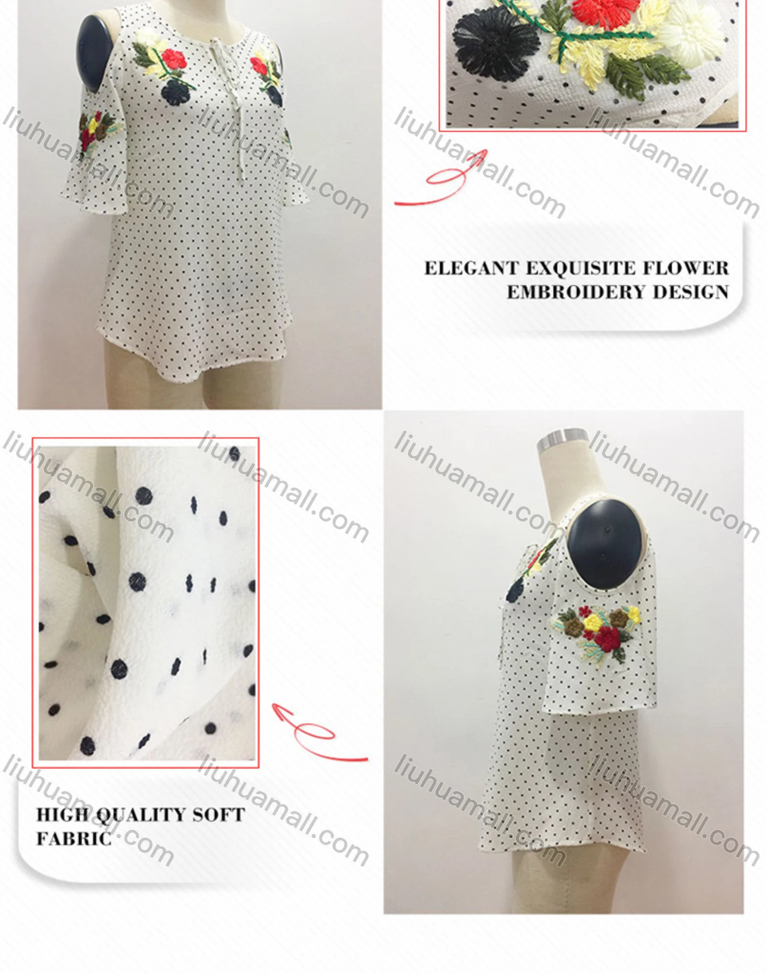 Wholesale Women's Casual Pin Dot Floral Embroidery Tie Neck Cold Shoulder Blouse - Liuhuamall