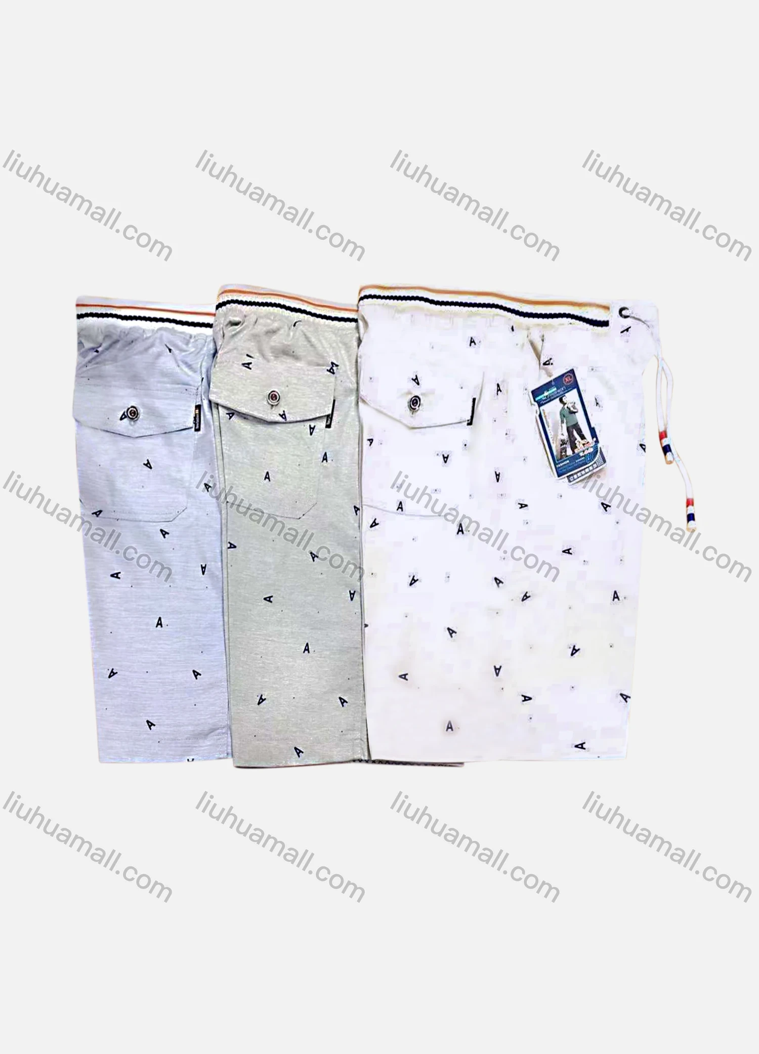 Wholesale Men's Casual 100%Cotton Letter Print Striped Trim Drawstring Shorts - Liuhuamall