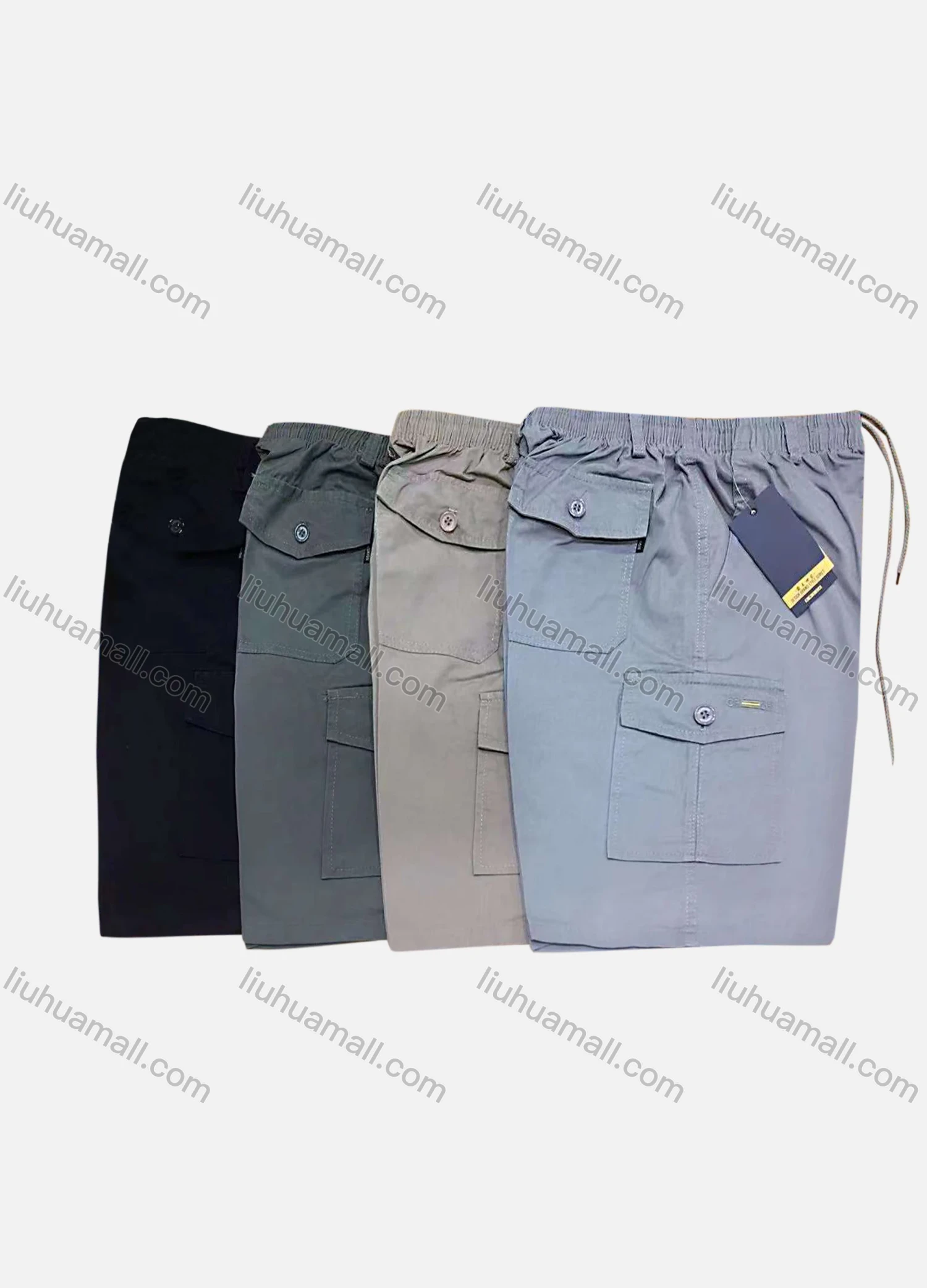 Wholesale Men's Casual 100%Cotton Plain Drawstring Elastic Waist Cargo Shorts - Liuhuamall