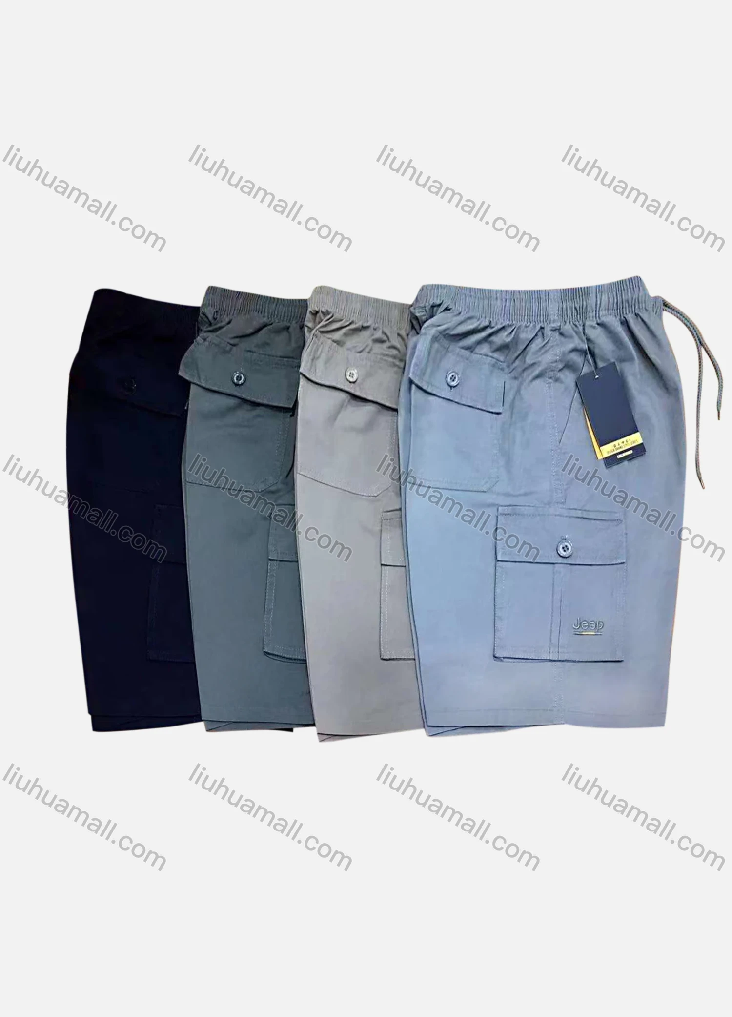 Wholesale Men's Casual 100%Cotton Plain Elastic Waist Drawstring Cargo Shorts - Liuhuamall