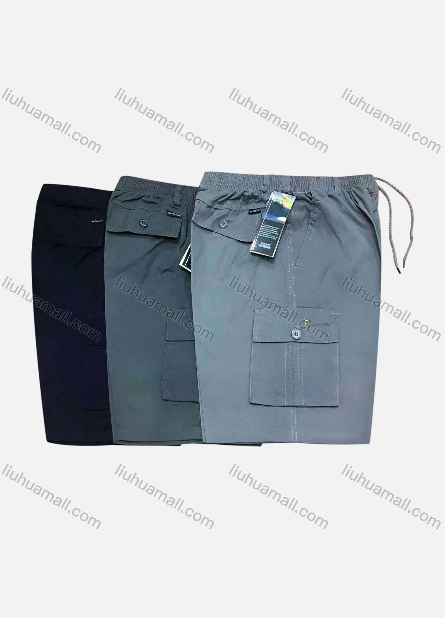 Wholesale Men's Casual 100%Cotton Plain Elastic Waist Drawstring Cargo Shorts - Liuhuamall