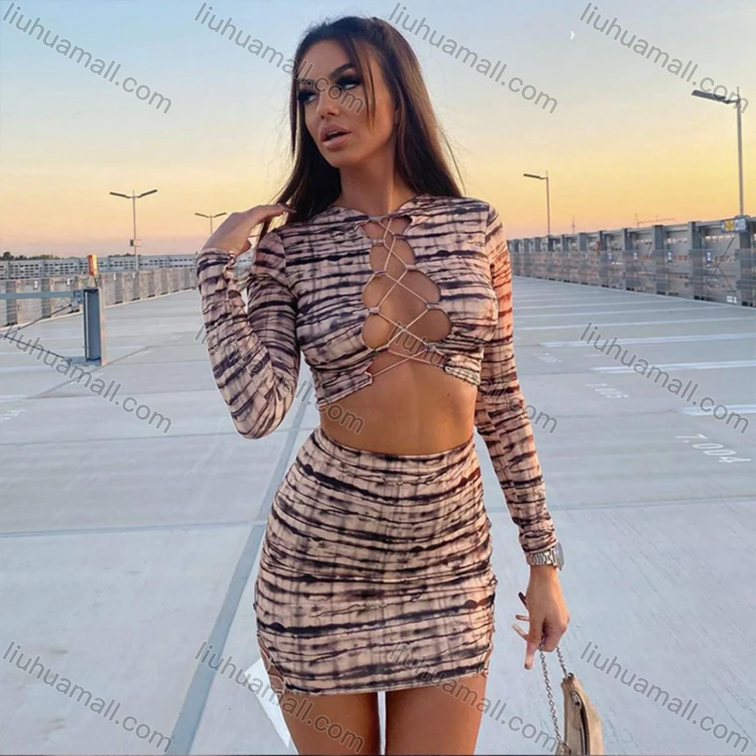 Wholesale Women's Sexy Lace Up Long Sleeve Top & Short Skorts 2 Piece Set S1A6829# - Liuhuamall