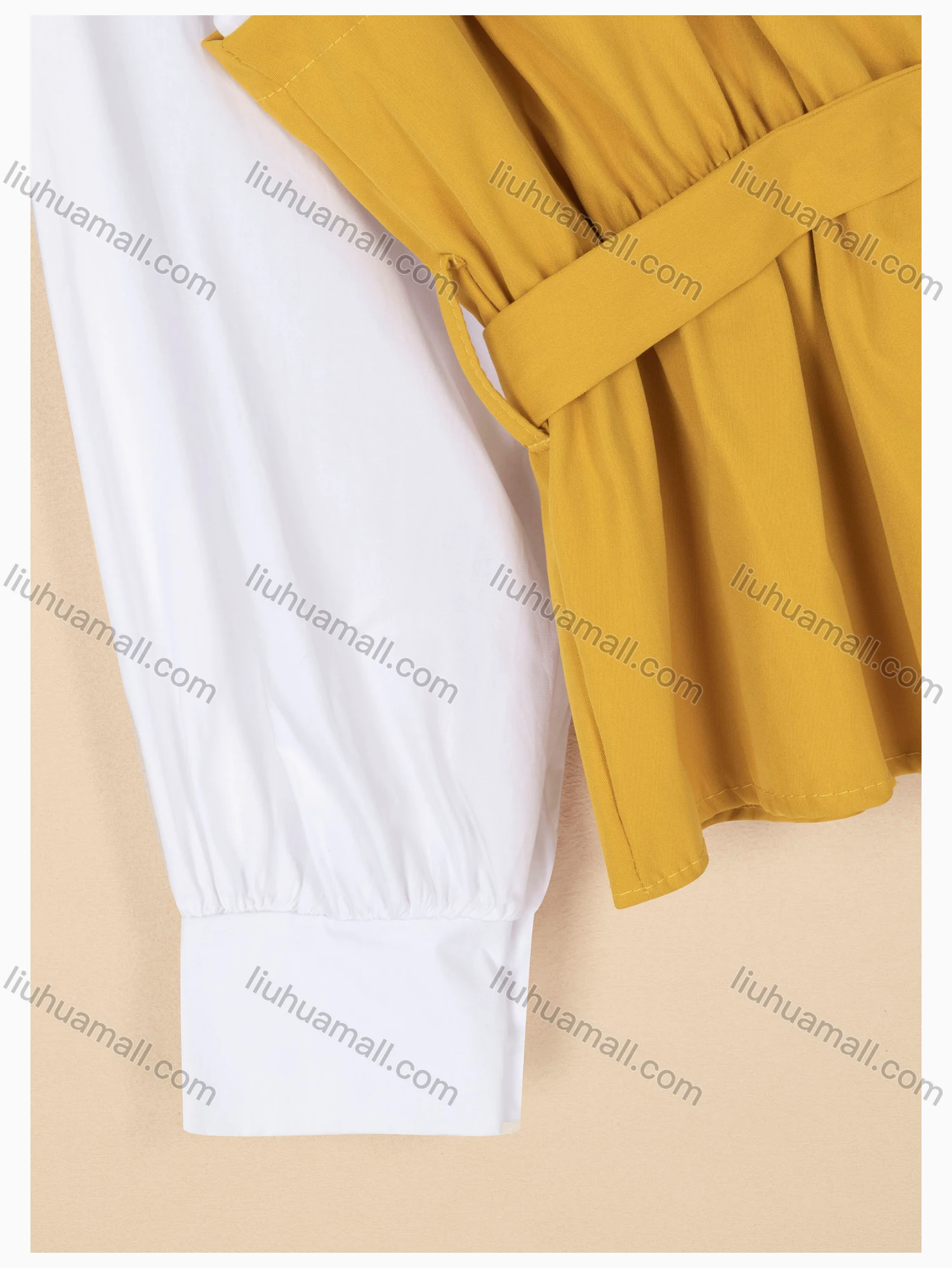 Wholesale Women's Causal Long Sleeve Patchwork Blouse With Belt - Liuhuamall