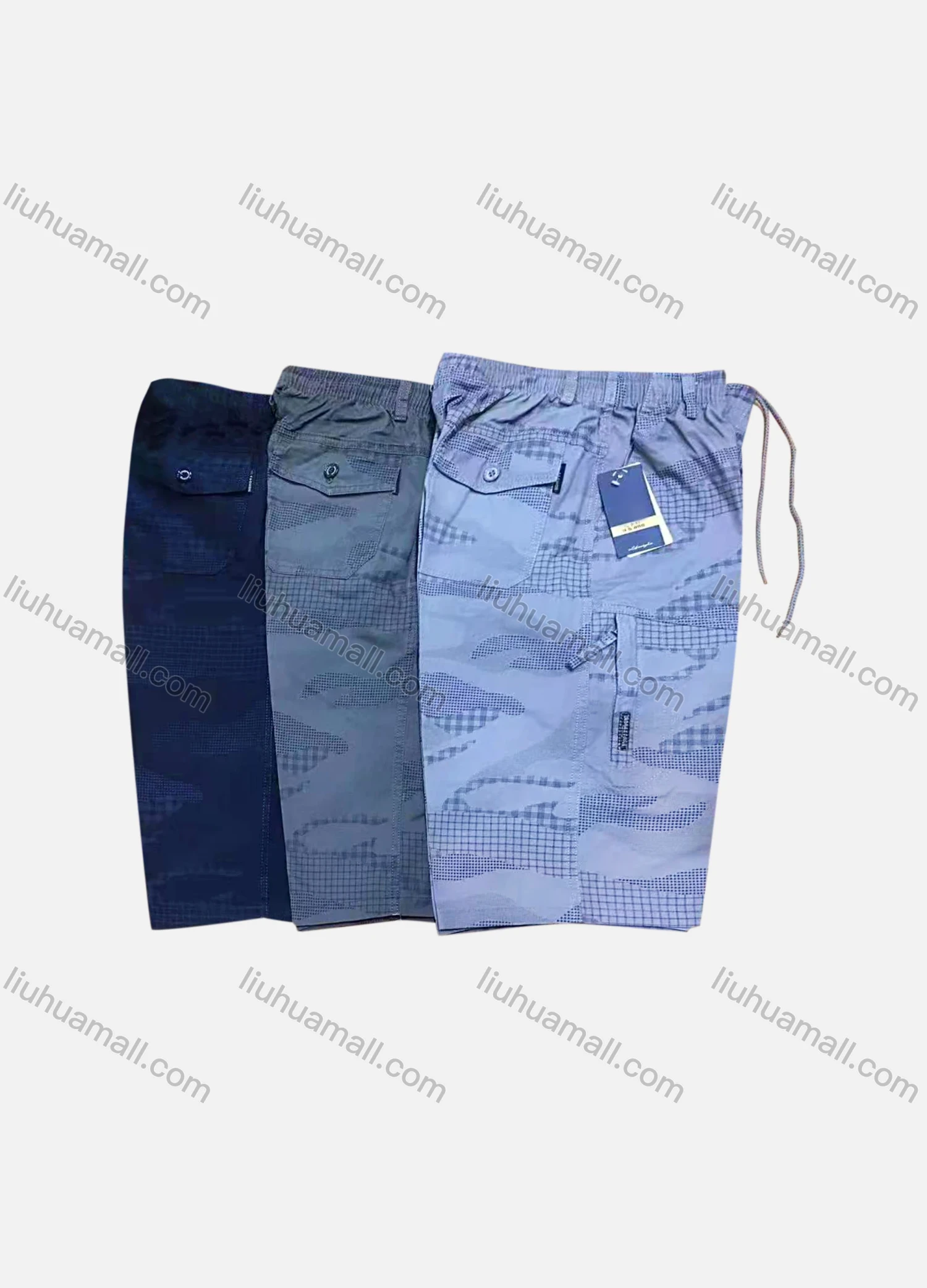 Wholesale Men's Casual 100%Cotton Allover Print Multiple Pockets Drawstring Shorts - Liuhuamall
