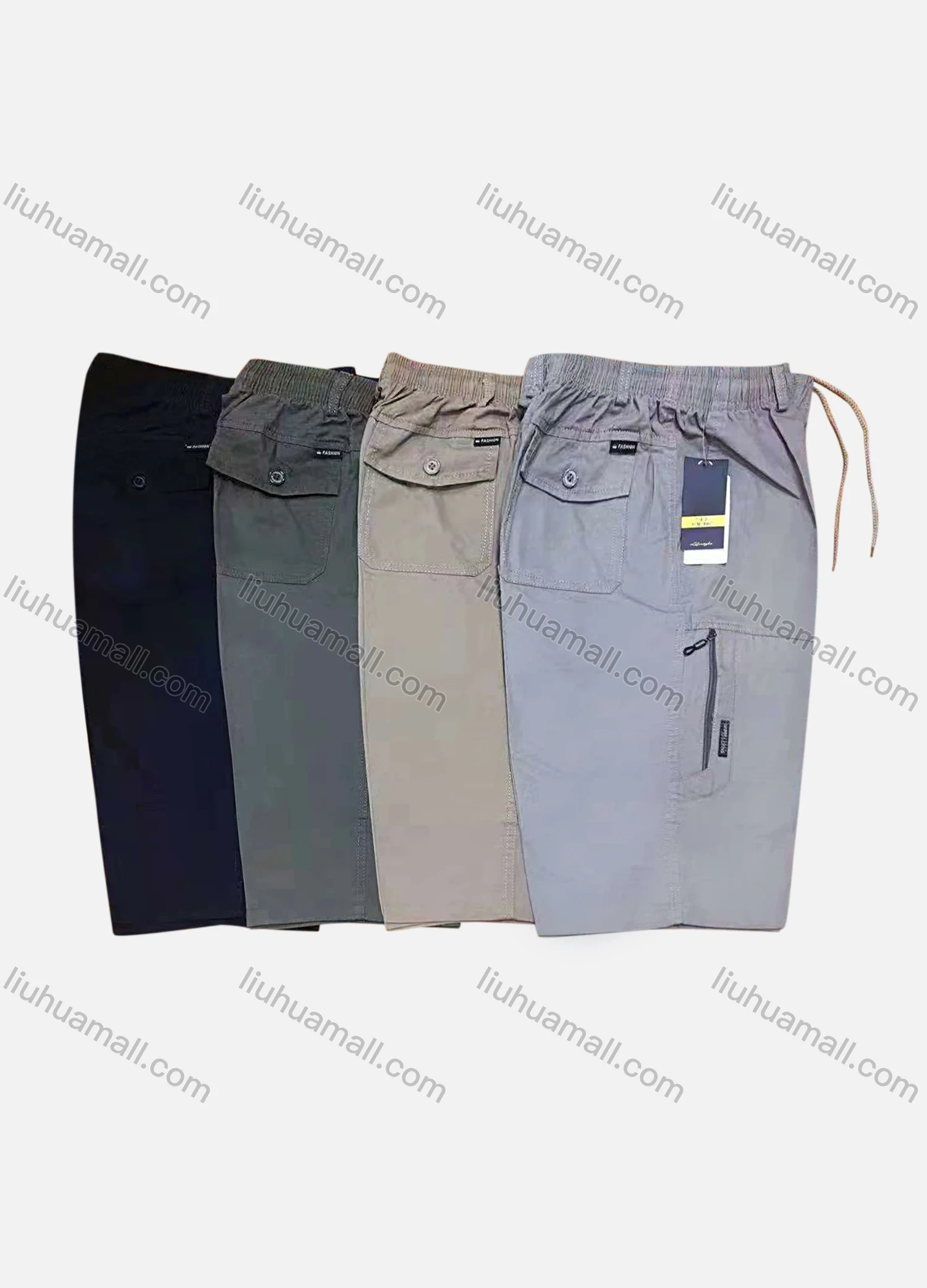 Wholesale Men's Casual 100%Cotton Plain Multiple Pockets Drawstring Shorts - Liuhuamall