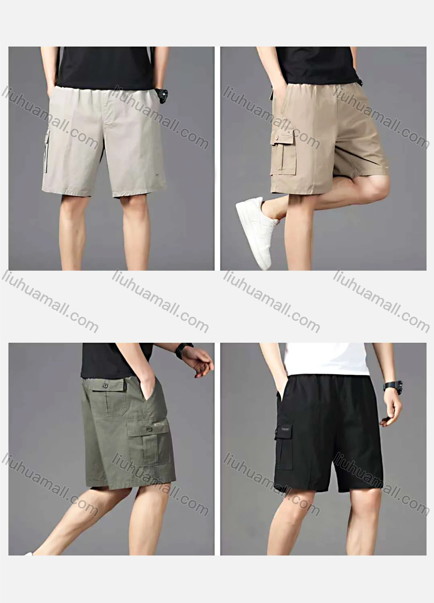 Wholesale Men's Casual 100%Cotton Plain Flap Pockets Cargo Shorts - Liuhuamall