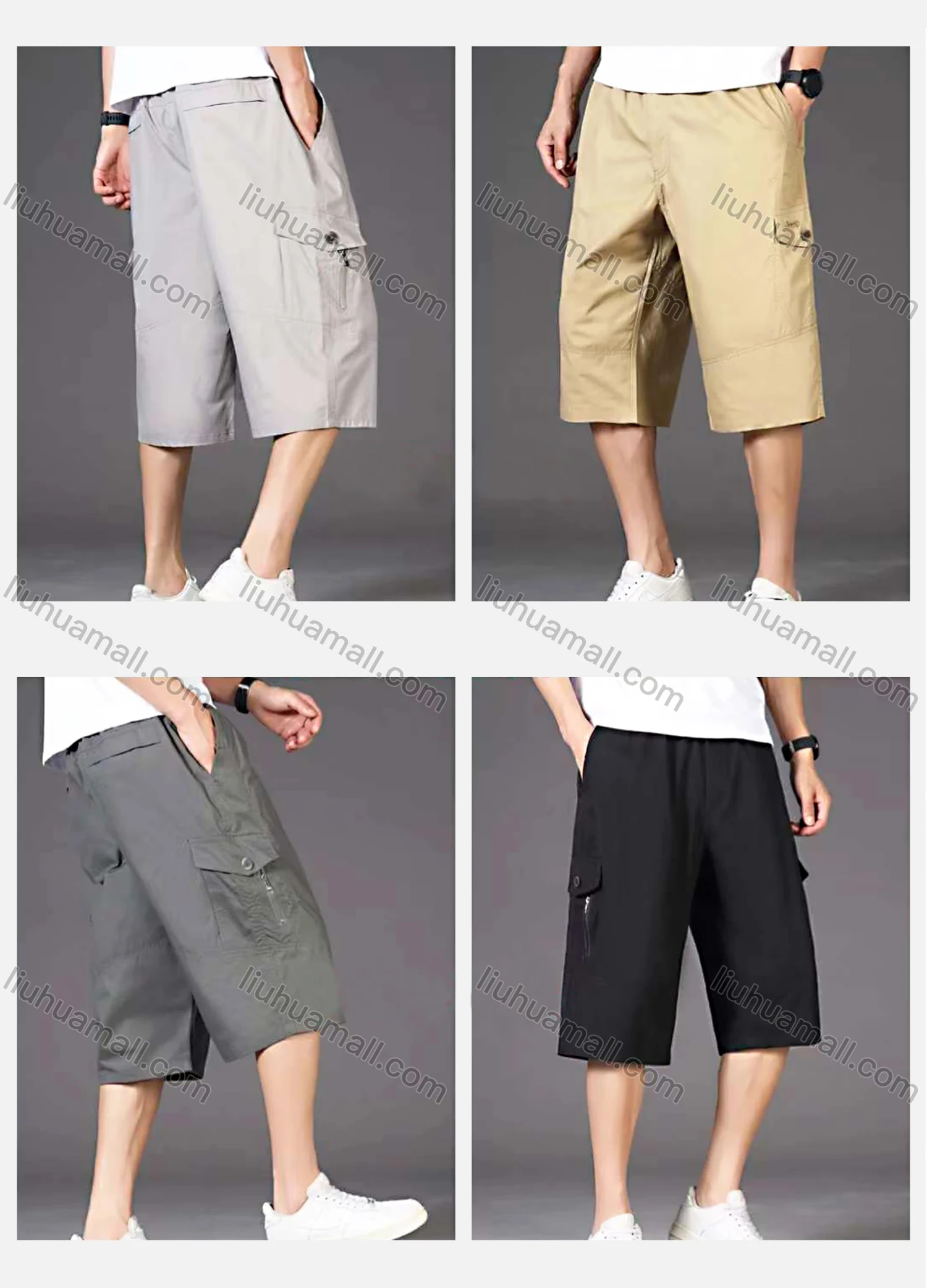 Wholesale Men's Casual 100%Cotton Plain Flap Pockets Capri Pants - Liuhuamall