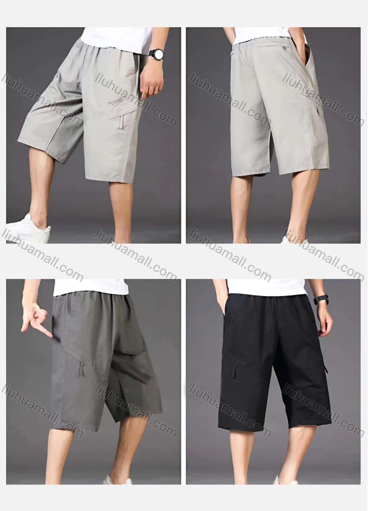 Wholesale Men's Casual 100%Cotton Plain Zipper Pockets Capri Cargo Pants - Liuhuamall