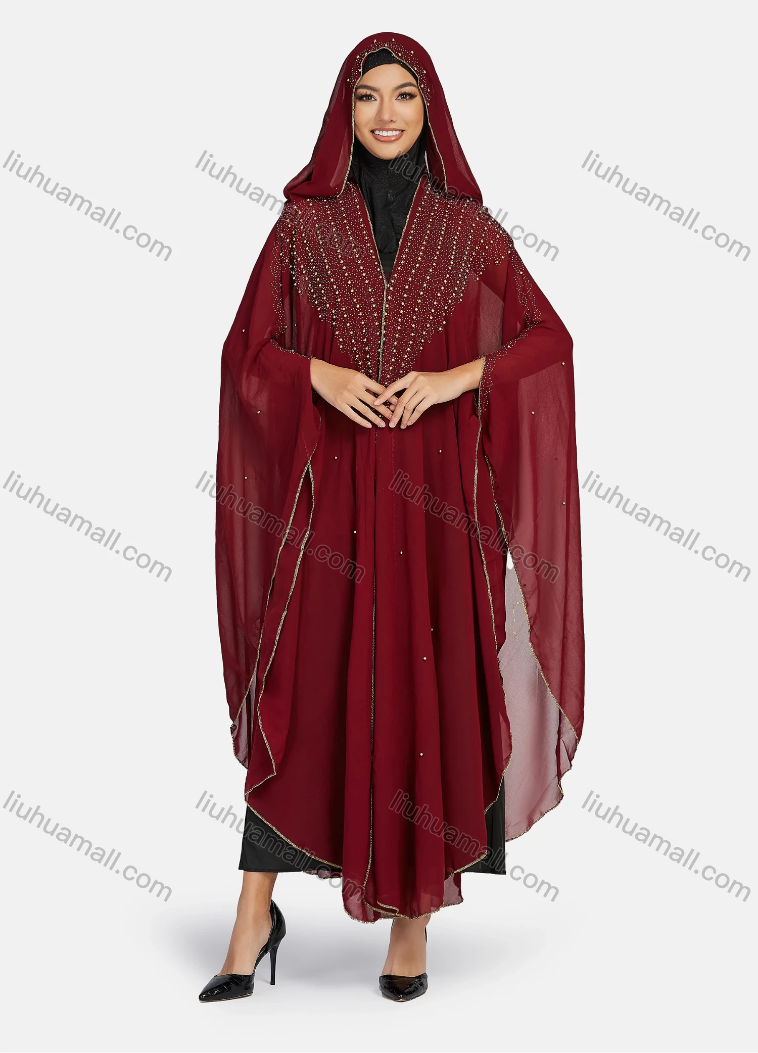 Wholesale Women's Modest Arabic Dubai Beaded Rhinestone Hooded Muslim Islamic Sheer Mesh Cover Up Kaftan Cloak - Liuhuamall