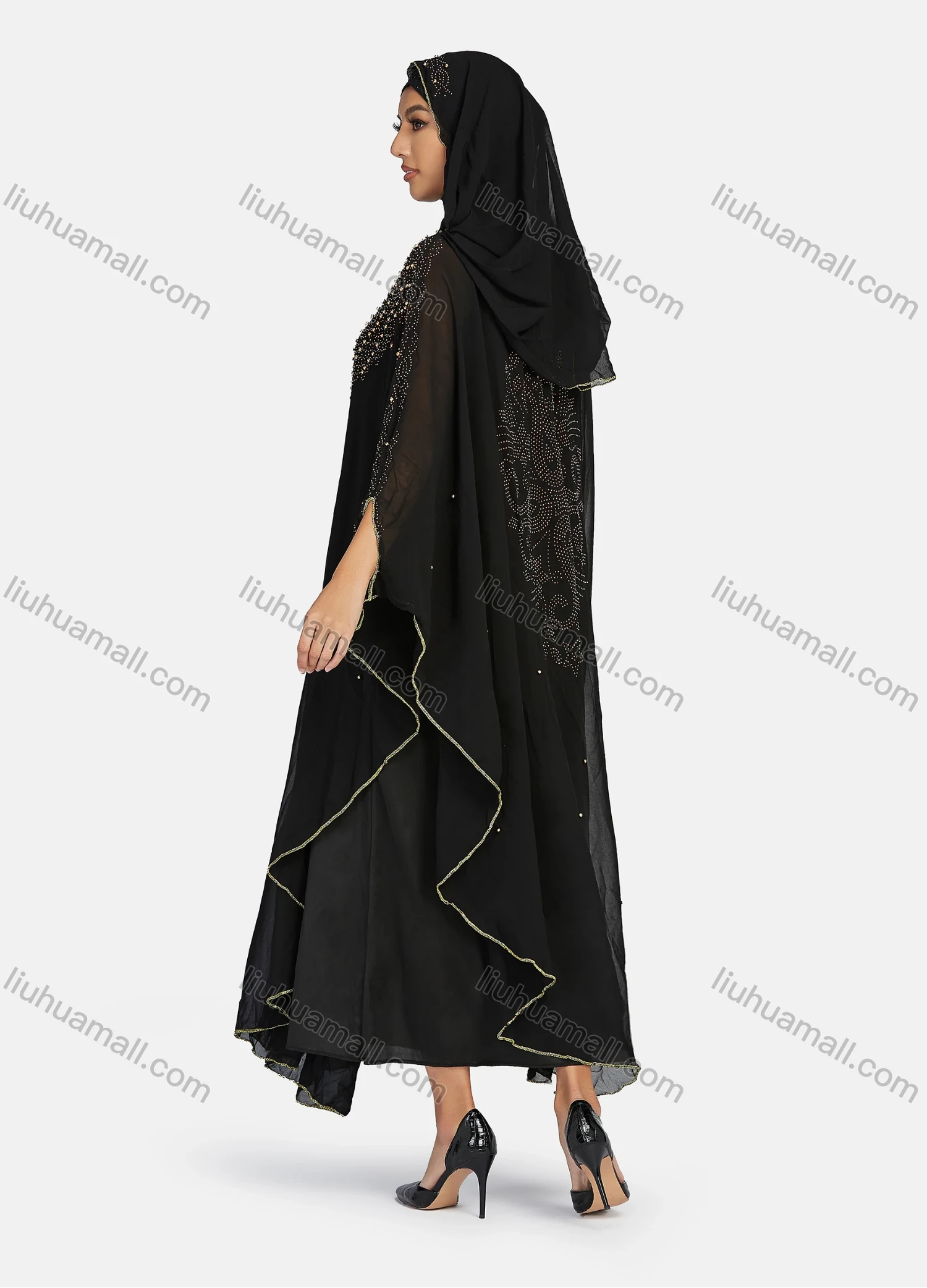 Wholesale Women's Modest Arabic Dubai Beaded Rhinestone Hooded Muslim Islamic Sheer Mesh Cover Up Kaftan Cloak - Liuhuamall