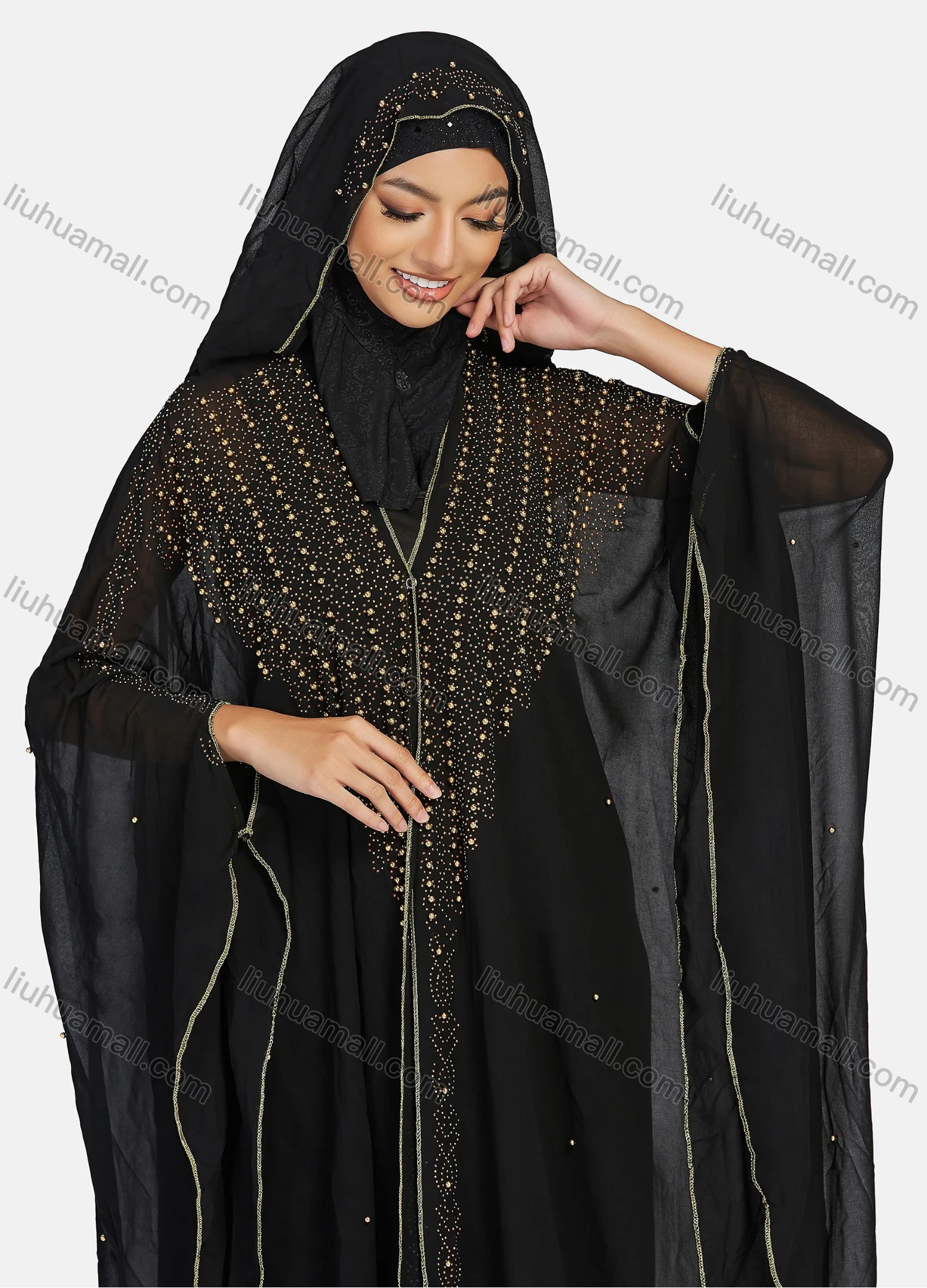 Wholesale Women's Modest Arabic Dubai Beaded Rhinestone Hooded Muslim Islamic Sheer Mesh Cover Up Kaftan Cloak - Liuhuamall