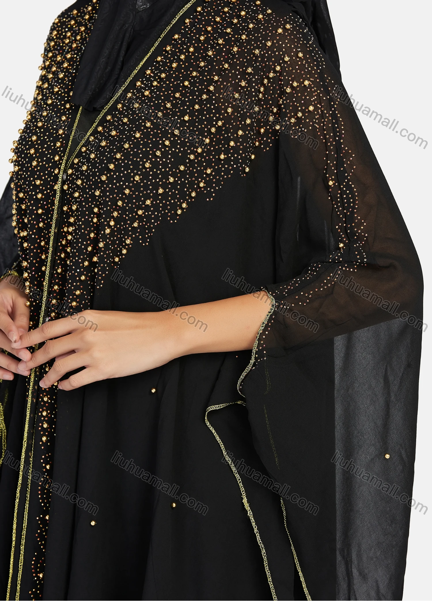 Wholesale Women's Modest Arabic Dubai Beaded Rhinestone Hooded Muslim Islamic Sheer Mesh Cover Up Kaftan Cloak - Liuhuamall