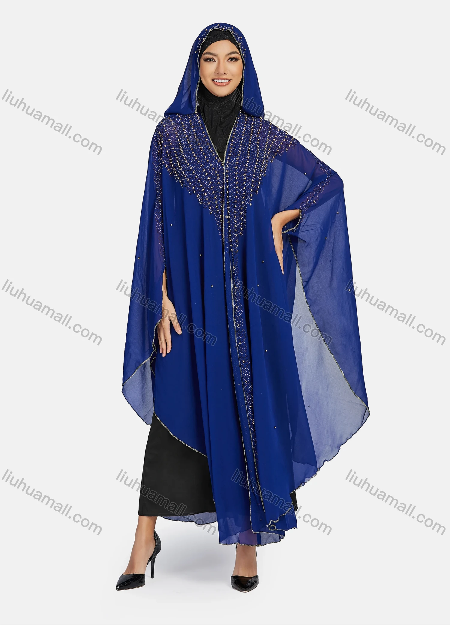Wholesale Women's Modest Arabic Dubai Beaded Rhinestone Hooded Muslim Islamic Sheer Mesh Cover Up Kaftan Cloak - Liuhuamall