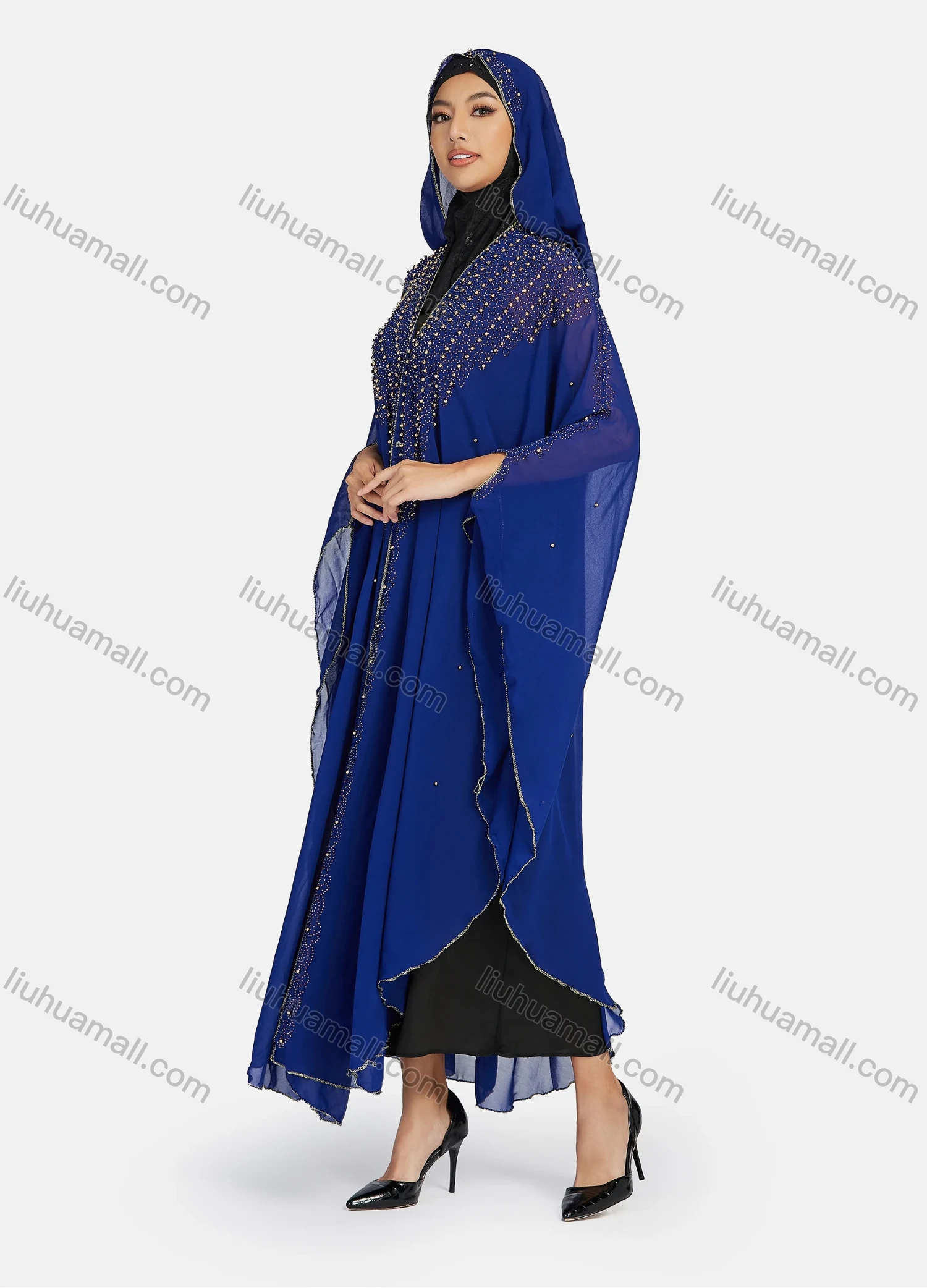 Wholesale Women's Modest Arabic Dubai Beaded Rhinestone Hooded Muslim Islamic Sheer Mesh Cover Up Kaftan Cloak - Liuhuamall