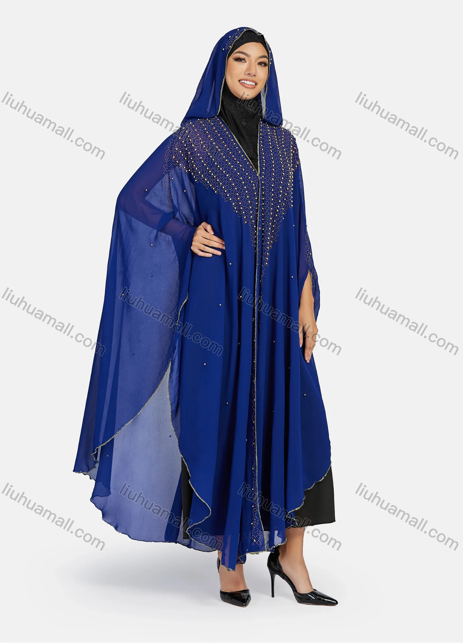 Wholesale Women's Modest Arabic Dubai Beaded Rhinestone Hooded Muslim Islamic Sheer Mesh Cover Up Kaftan Cloak - Liuhuamall