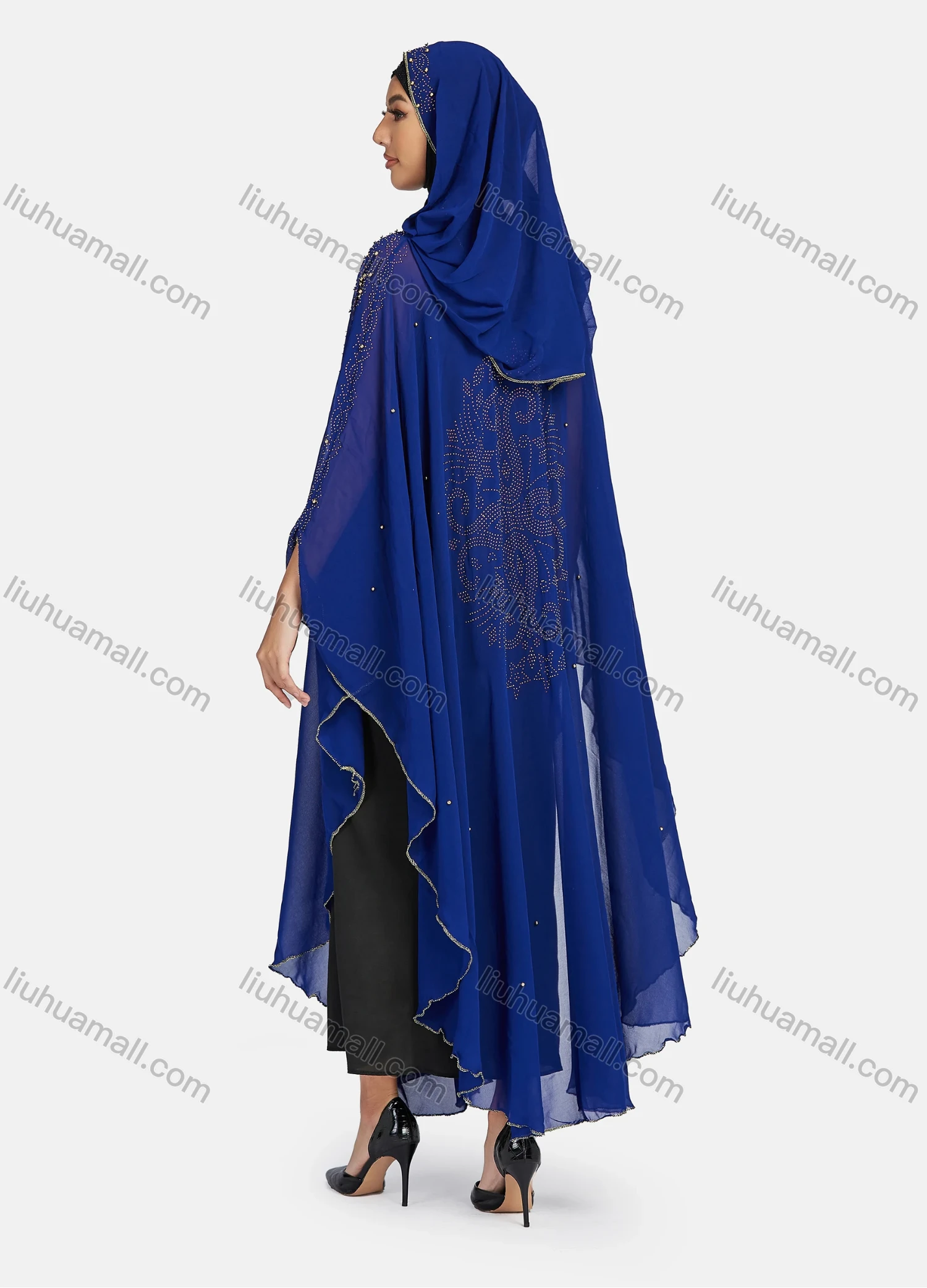 Wholesale Women's Modest Arabic Dubai Beaded Rhinestone Hooded Muslim Islamic Sheer Mesh Cover Up Kaftan Cloak - Liuhuamall