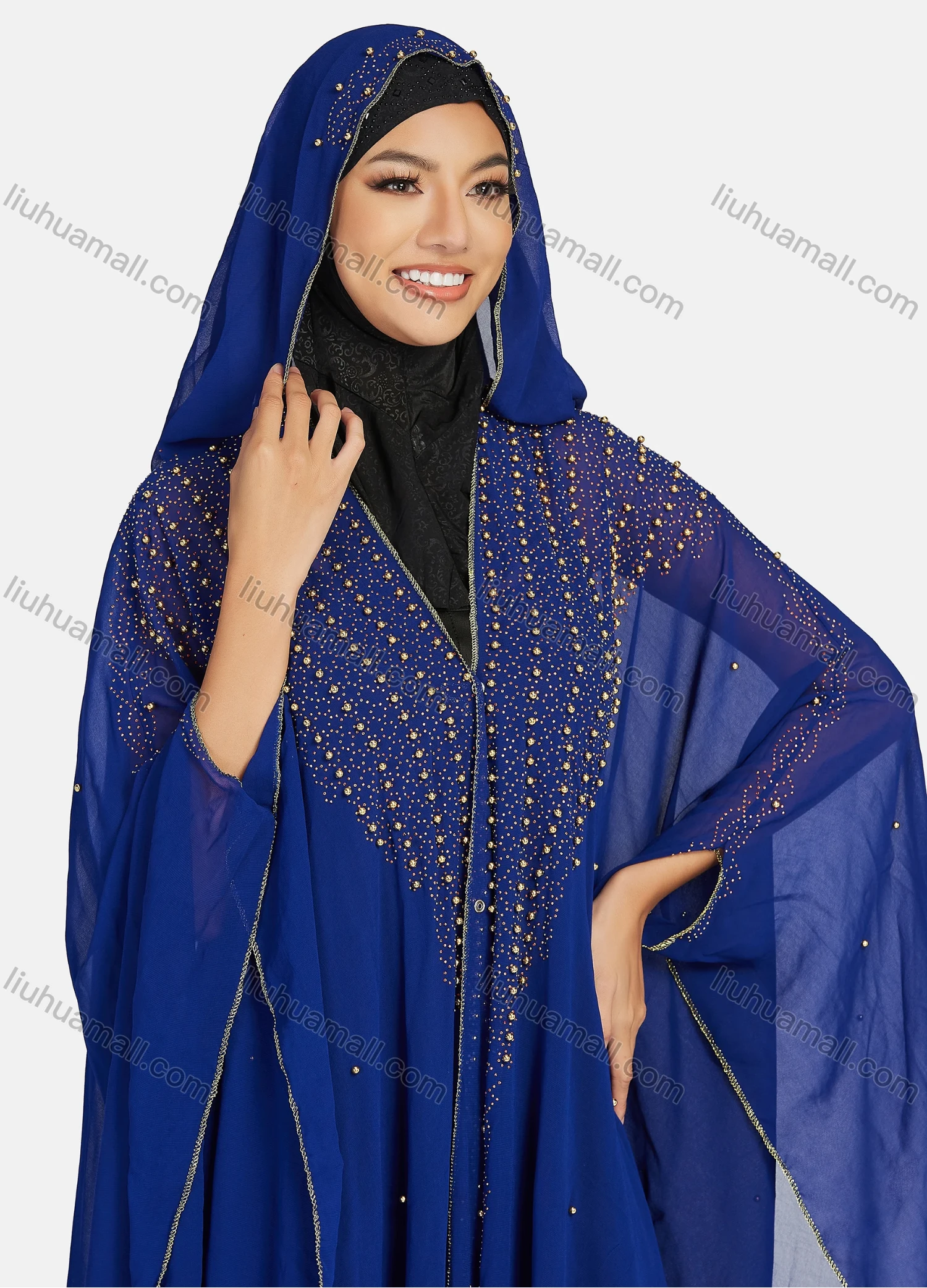 Wholesale Women's Modest Arabic Dubai Beaded Rhinestone Hooded Muslim Islamic Sheer Mesh Cover Up Kaftan Cloak - Liuhuamall