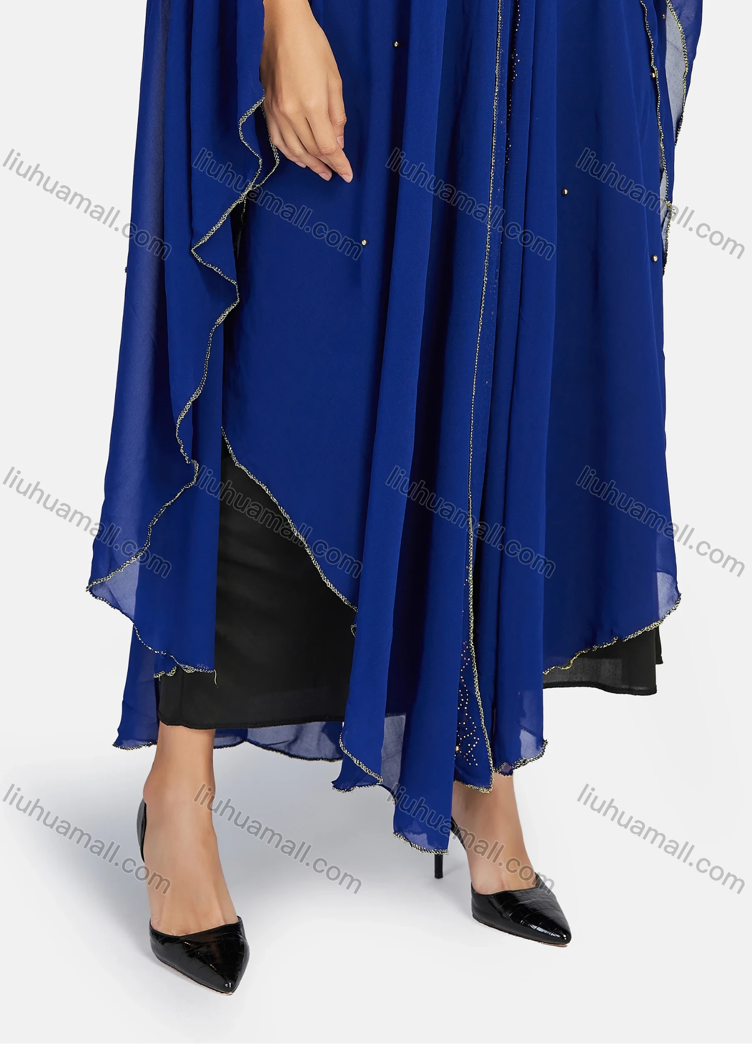 Wholesale Women's Modest Arabic Dubai Beaded Rhinestone Hooded Muslim Islamic Sheer Mesh Cover Up Kaftan Cloak - Liuhuamall