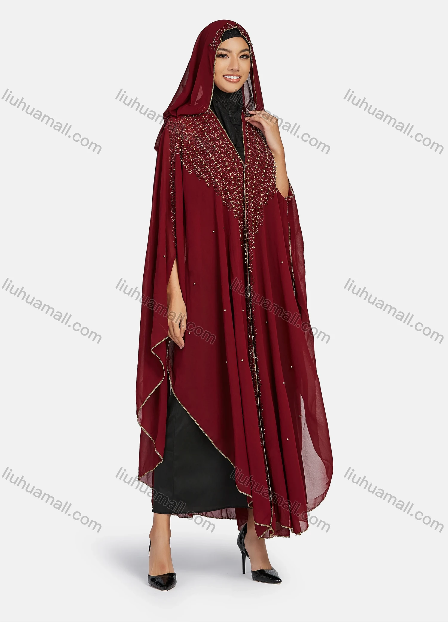Wholesale Women's Modest Arabic Dubai Beaded Rhinestone Hooded Muslim Islamic Sheer Mesh Cover Up Kaftan Cloak - Liuhuamall