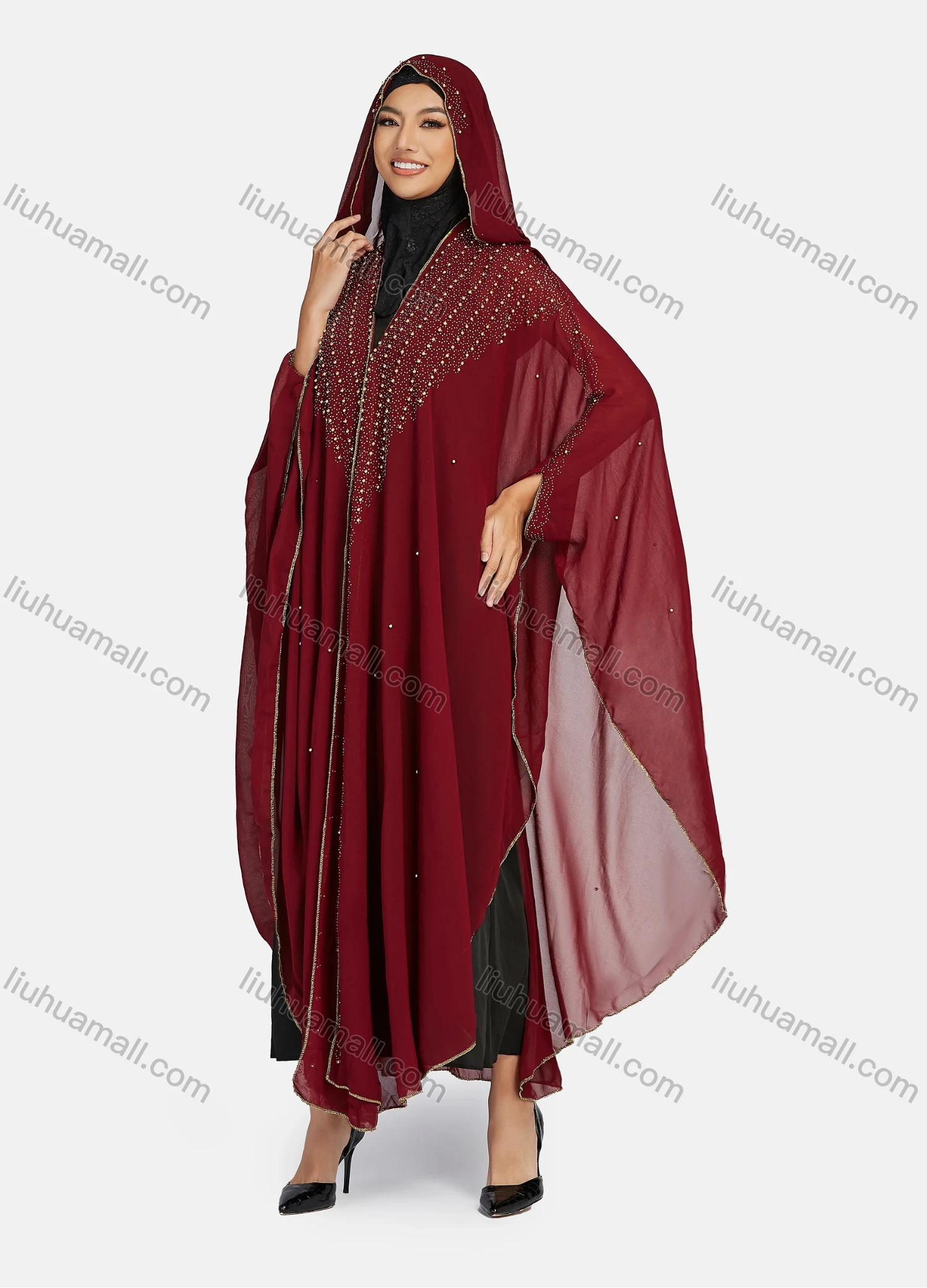 Wholesale Women's Modest Arabic Dubai Beaded Rhinestone Hooded Muslim Islamic Sheer Mesh Cover Up Kaftan Cloak - Liuhuamall