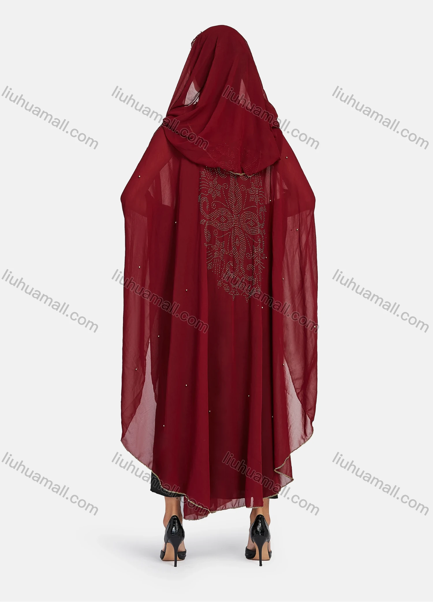Wholesale Women's Modest Arabic Dubai Beaded Rhinestone Hooded Muslim Islamic Sheer Mesh Cover Up Kaftan Cloak - Liuhuamall
