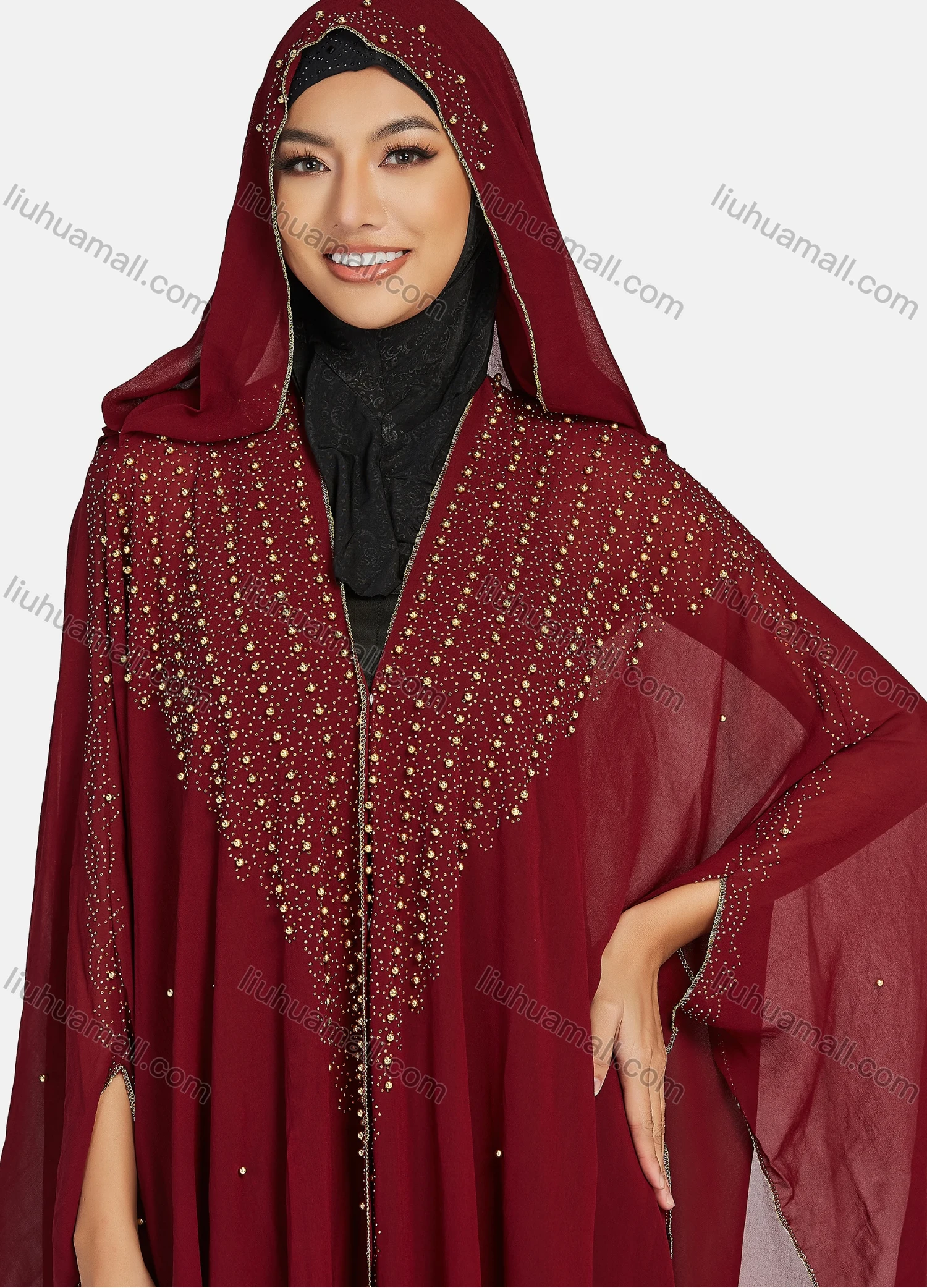 Wholesale Women's Modest Arabic Dubai Beaded Rhinestone Hooded Muslim Islamic Sheer Mesh Cover Up Kaftan Cloak - Liuhuamall