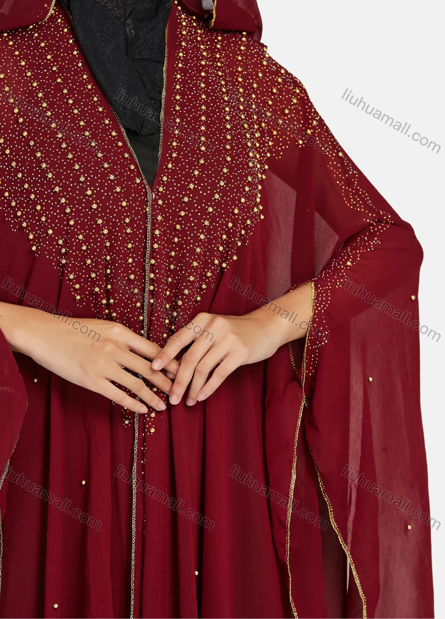 Wholesale Women's Modest Arabic Dubai Beaded Rhinestone Hooded Muslim Islamic Sheer Mesh Cover Up Kaftan Cloak - Liuhuamall