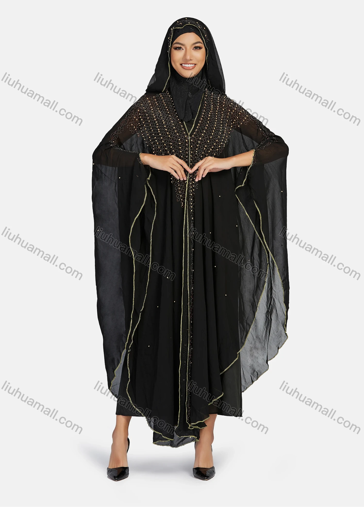 Wholesale Women's Modest Arabic Dubai Beaded Rhinestone Hooded Muslim Islamic Sheer Mesh Cover Up Kaftan Cloak - Liuhuamall
