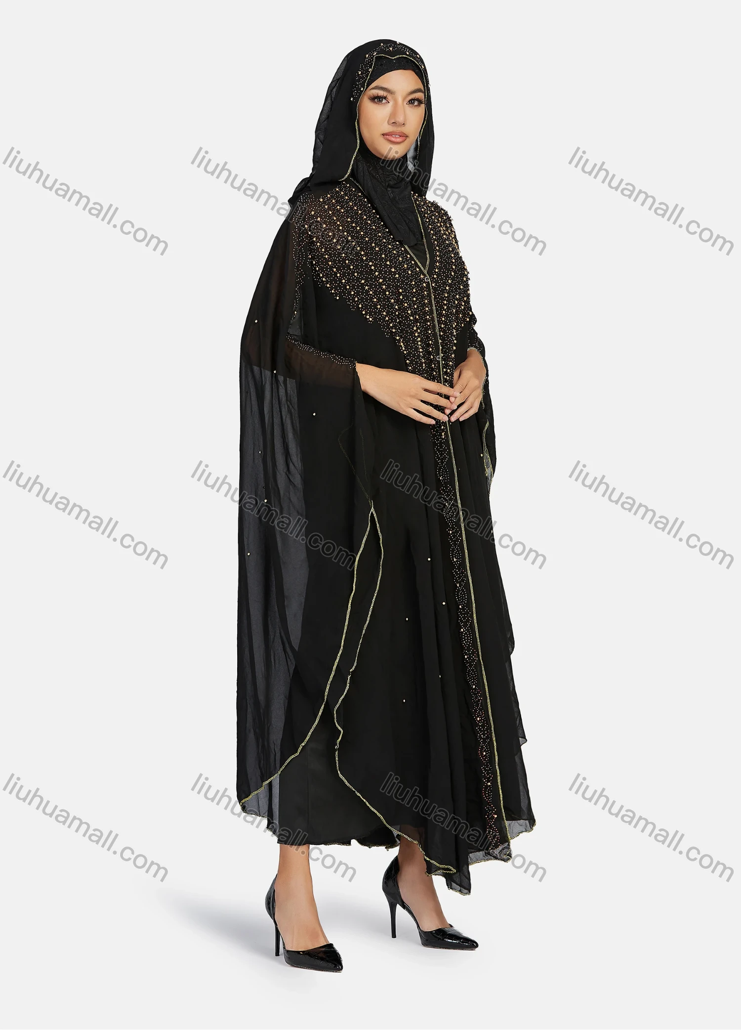 Wholesale Women's Modest Arabic Dubai Beaded Rhinestone Hooded Muslim Islamic Sheer Mesh Cover Up Kaftan Cloak - Liuhuamall