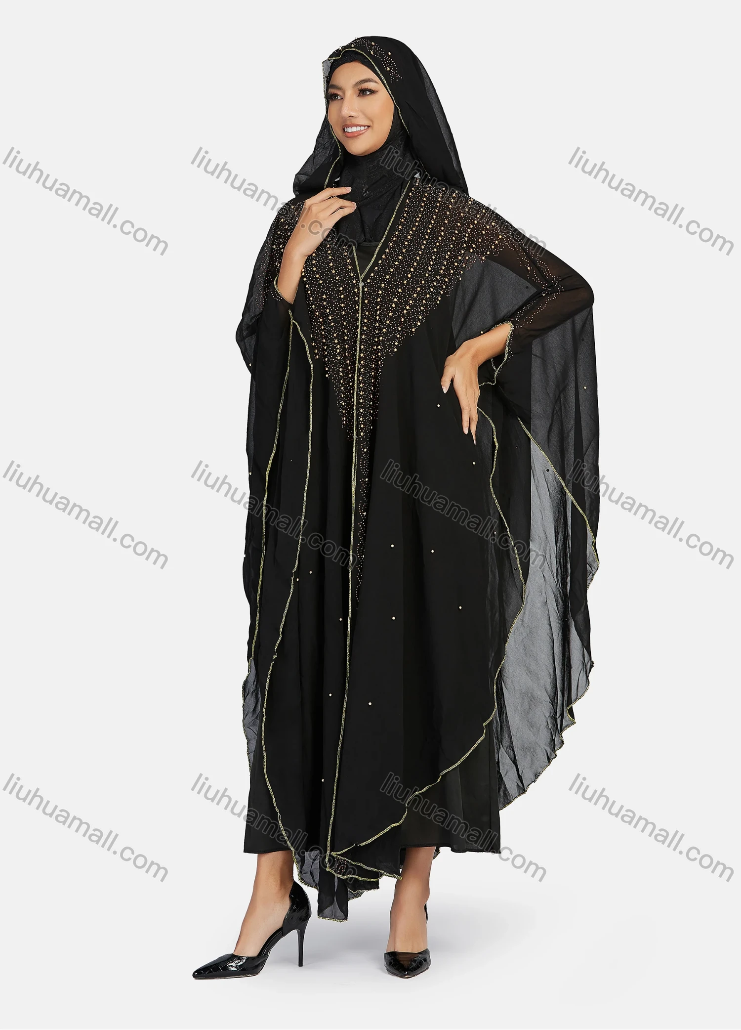 Wholesale Women's Modest Arabic Dubai Beaded Rhinestone Hooded Muslim Islamic Sheer Mesh Cover Up Kaftan Cloak - Liuhuamall