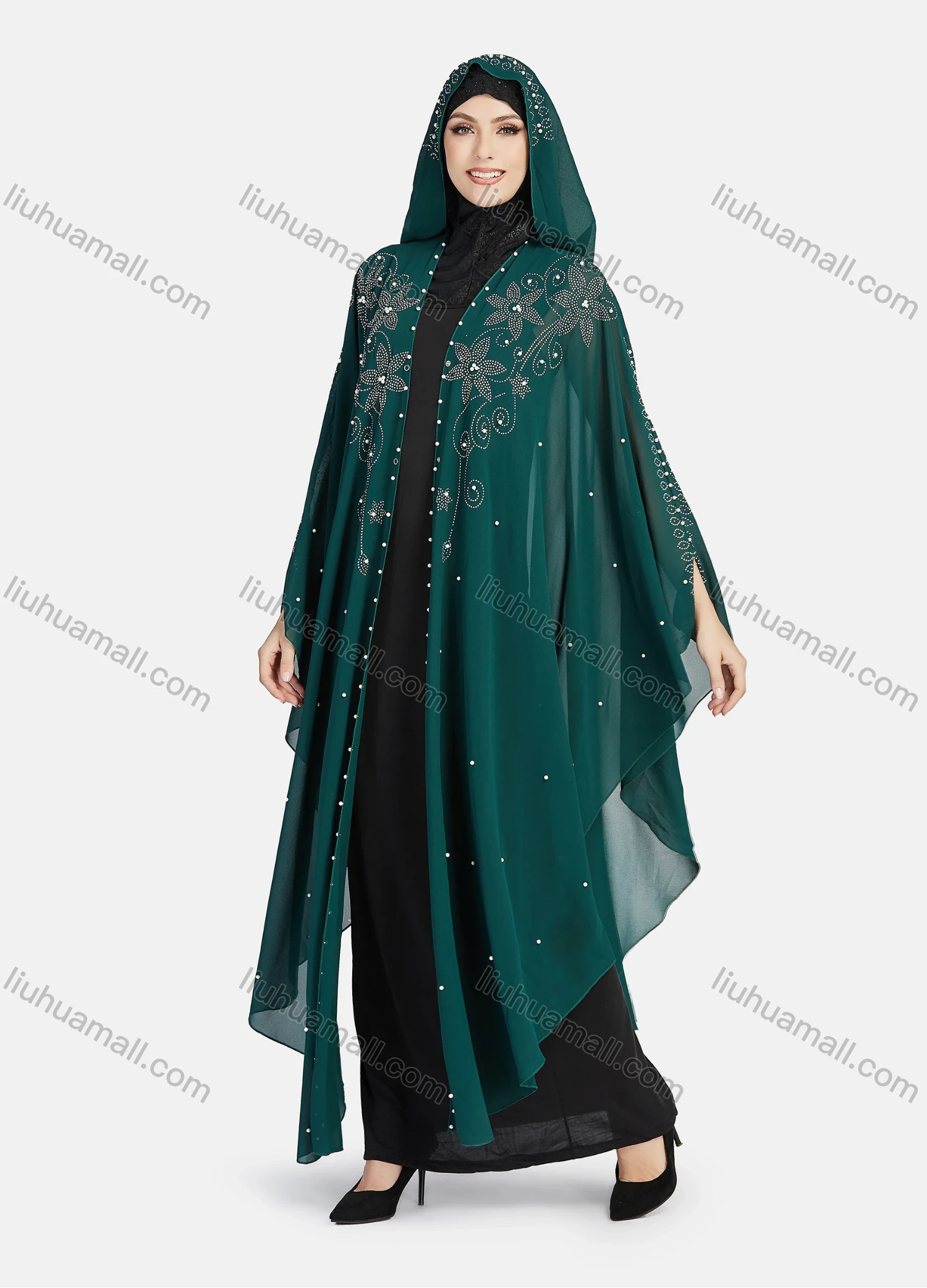 Wholesale Women's Modest Muslim Islamic Beaded Rhinestone Arabic Dubai Hooded Sheer Mesh Cover Up Kaftan Cloak - Liuhuamall