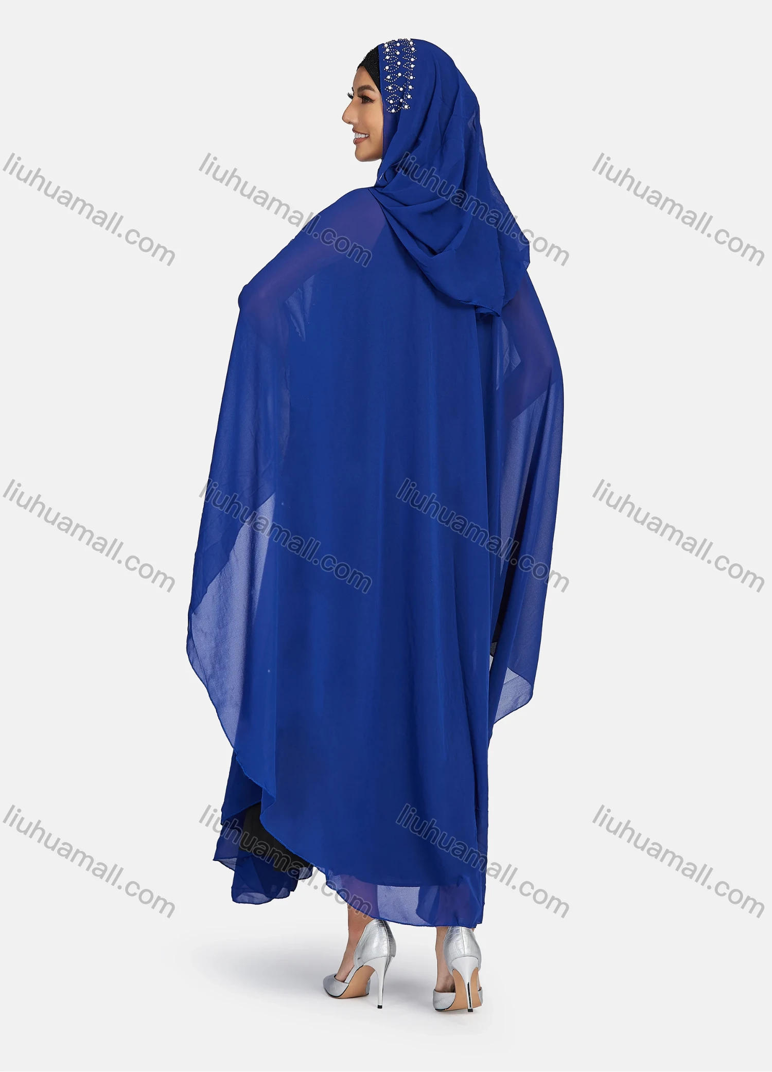 Wholesale Women's Modest Muslim Islamic Beaded Rhinestone Arabic Dubai Hooded Sheer Mesh Cover Up Kaftan Cloak - Liuhuamall